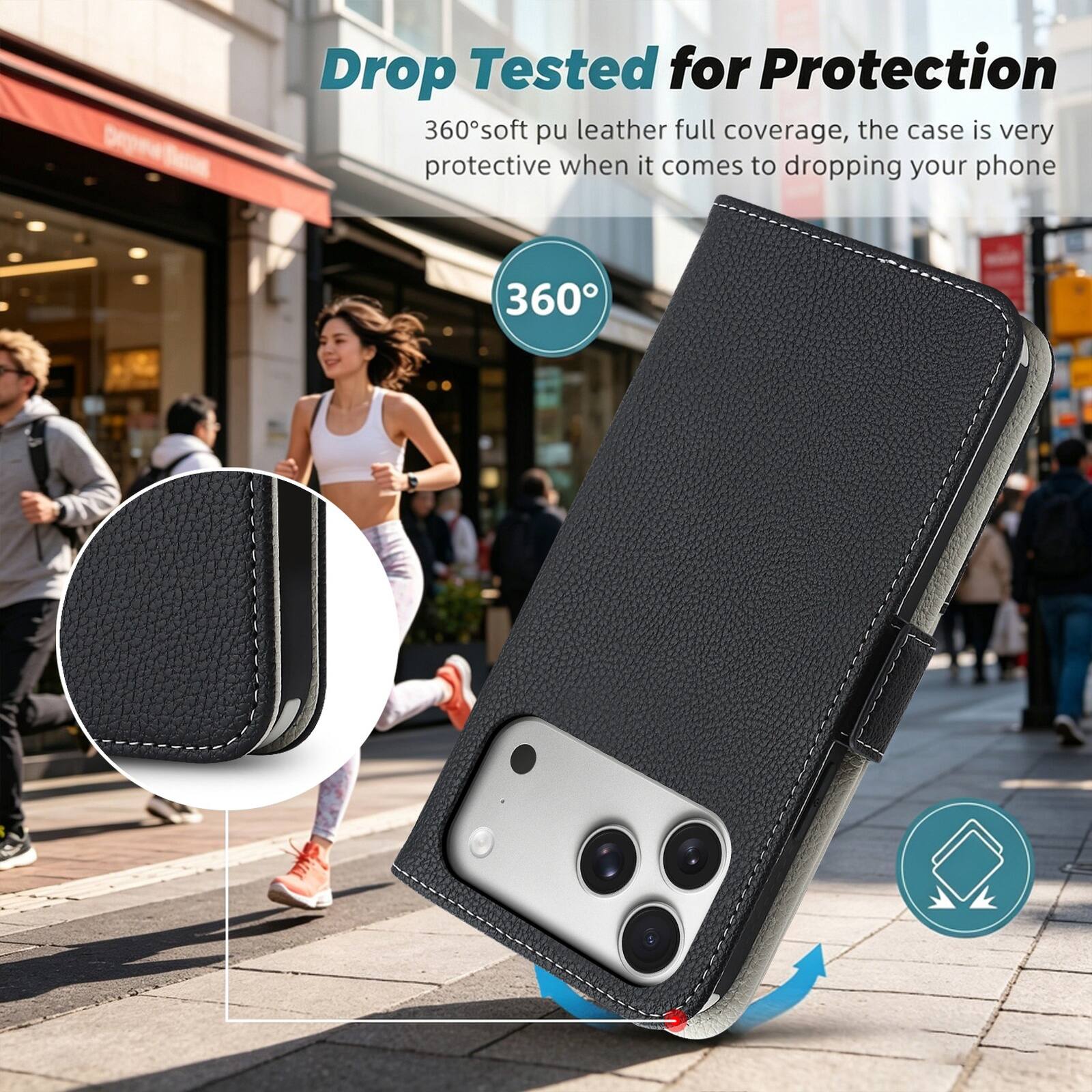 Drop Tested for Protection  
360° soft pu leather full coverage, the case is very protective when it comes to dropping your phone