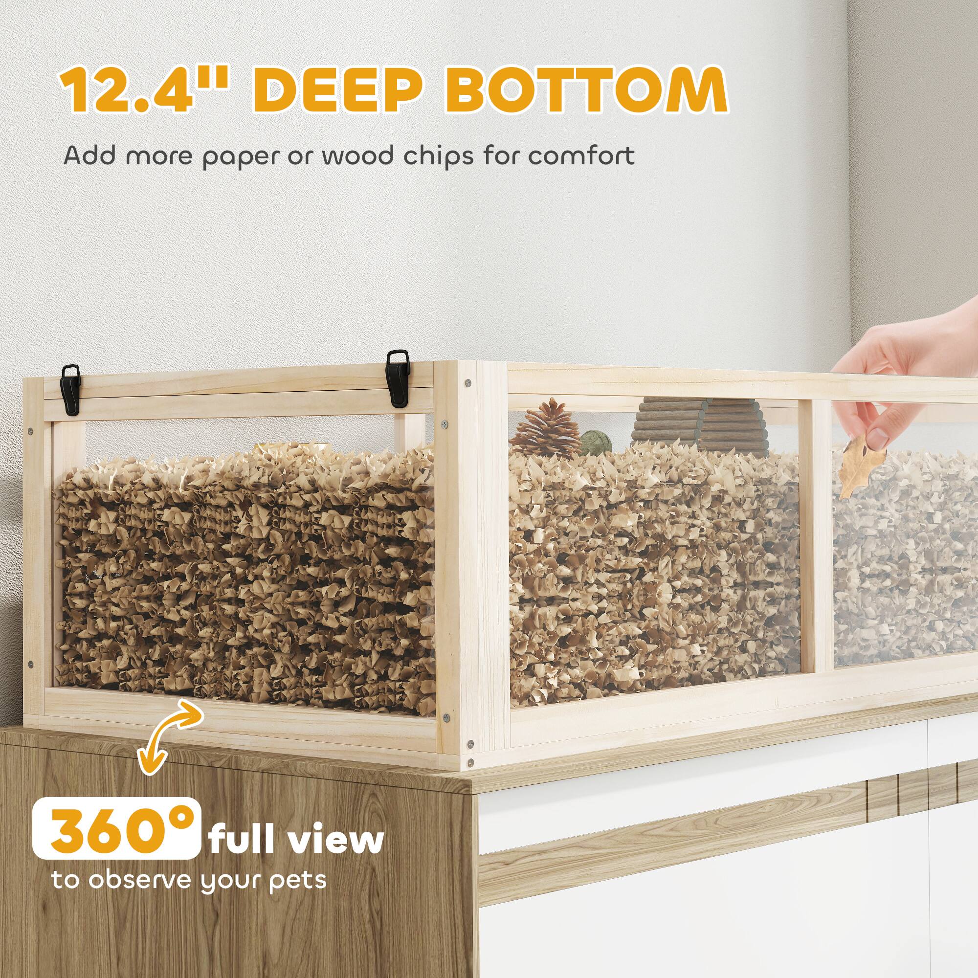 12.4" DEEP BOTTOM  
Add more paper or wood chips for comfort  

360° full view to observe your pets