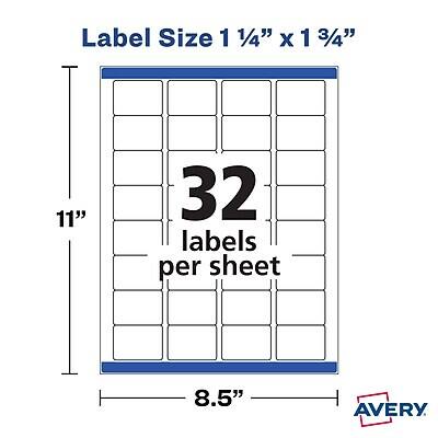 Label Size: 1 1/4" x 1 3/4"  
32 labels per sheet  
11" x 8.5"  
AVERY
