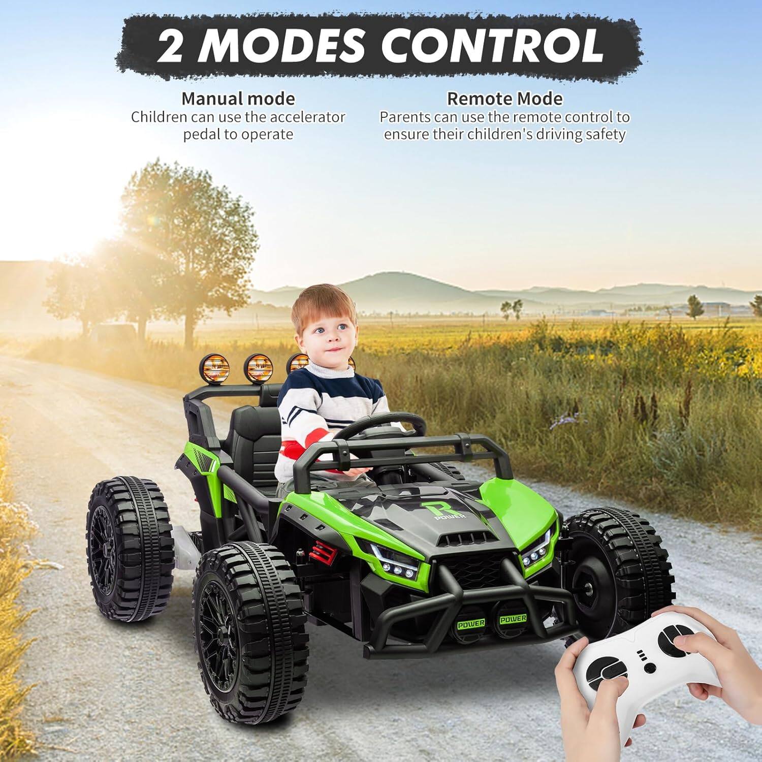 2 MODES CONTROL

Manual mode
Children can use the accelerator pedal to operate

Remote Mode
Parents can use the remote control to ensure their children's driving safety