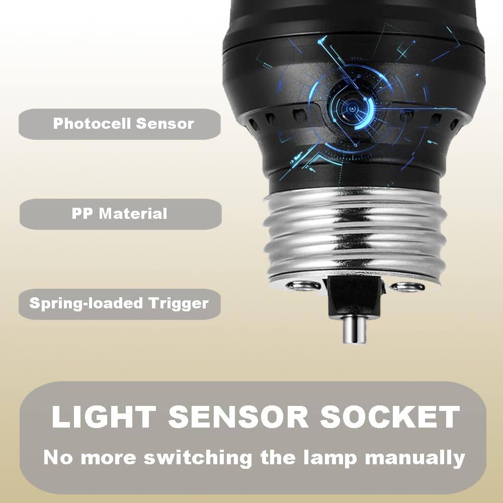 - Photocell Sensor
- PP Material
- Spring-loaded Trigger
- LIGHT SENSOR SOCKET
- No more switching the lamp manually