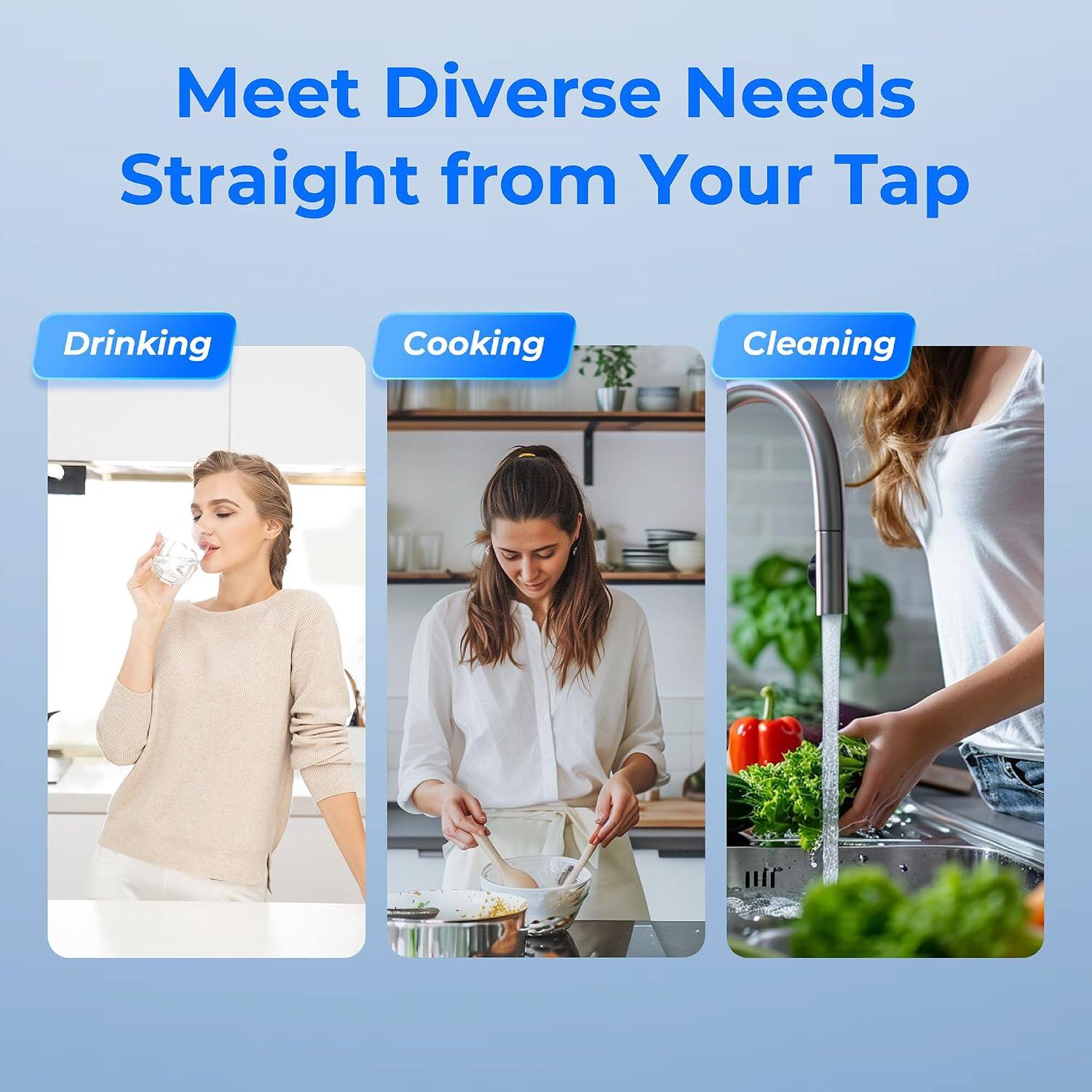 Meet Diverse Needs Straight from Your Tap

- Drinking
- Cooking
- Cleaning