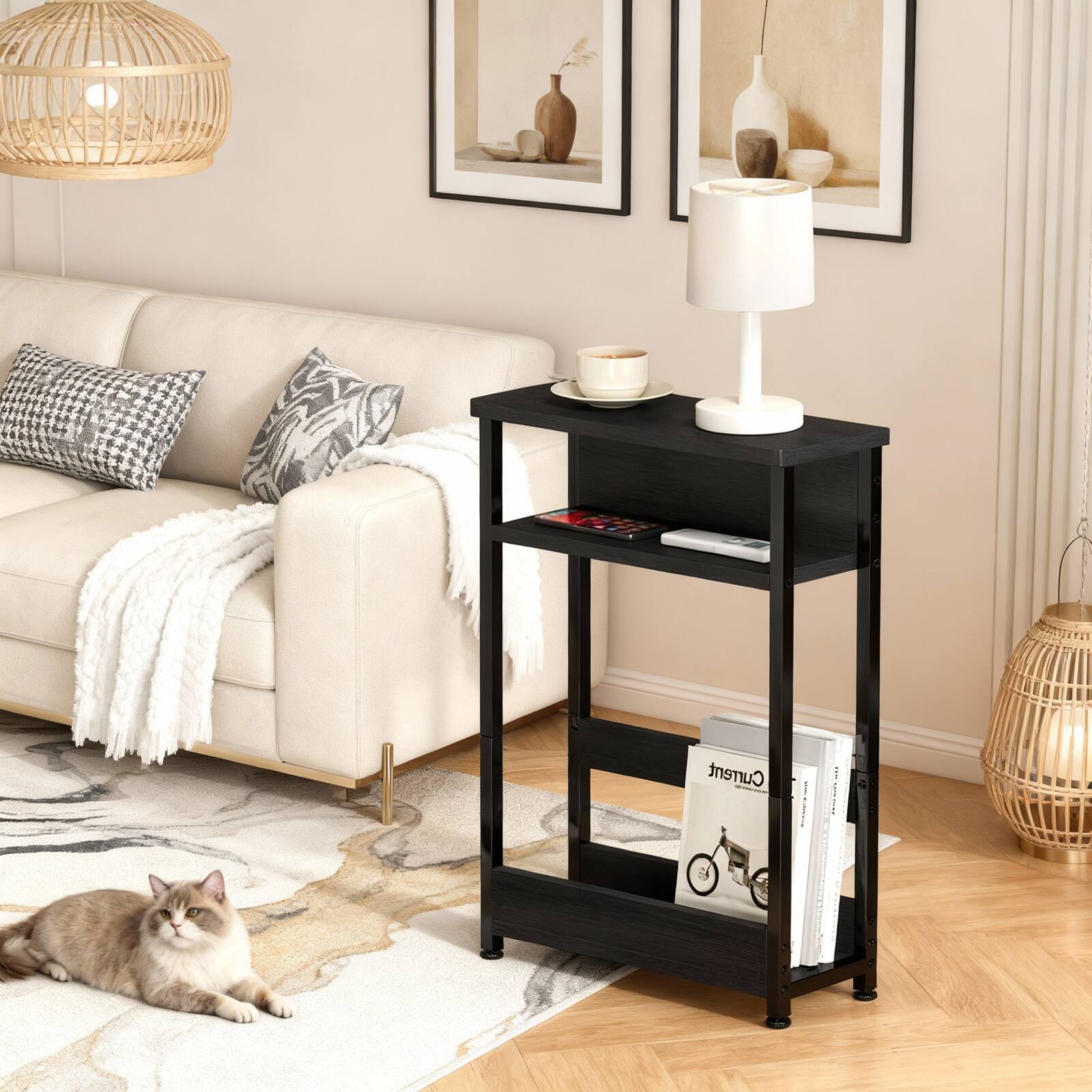 Left. Homhougo - 3-Tier Side Table with Storage Shelves, Space-Saving End Table for Small Spaces, Black Finish - Black.