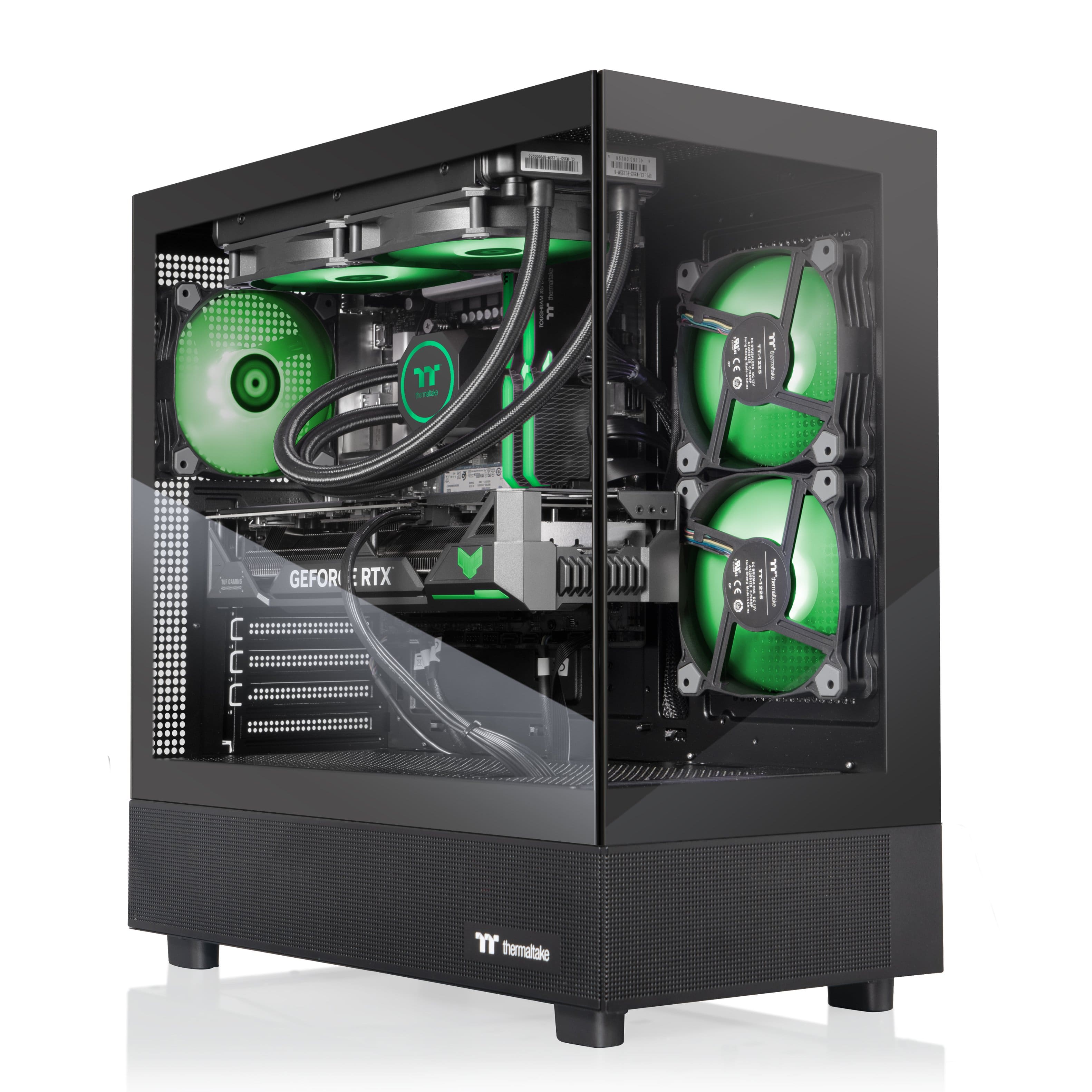 The image features a black computer case with a window on the side, showcasing the internal components. The case is equipped with a GeForce RTX 2080 Ti graphics card and two green fans. The fans are positioned on the left and right sides of the case, providing efficient cooling for the system. The case also has a Thermaltake logo, indicating that it is a product from the Thermaltake brand.