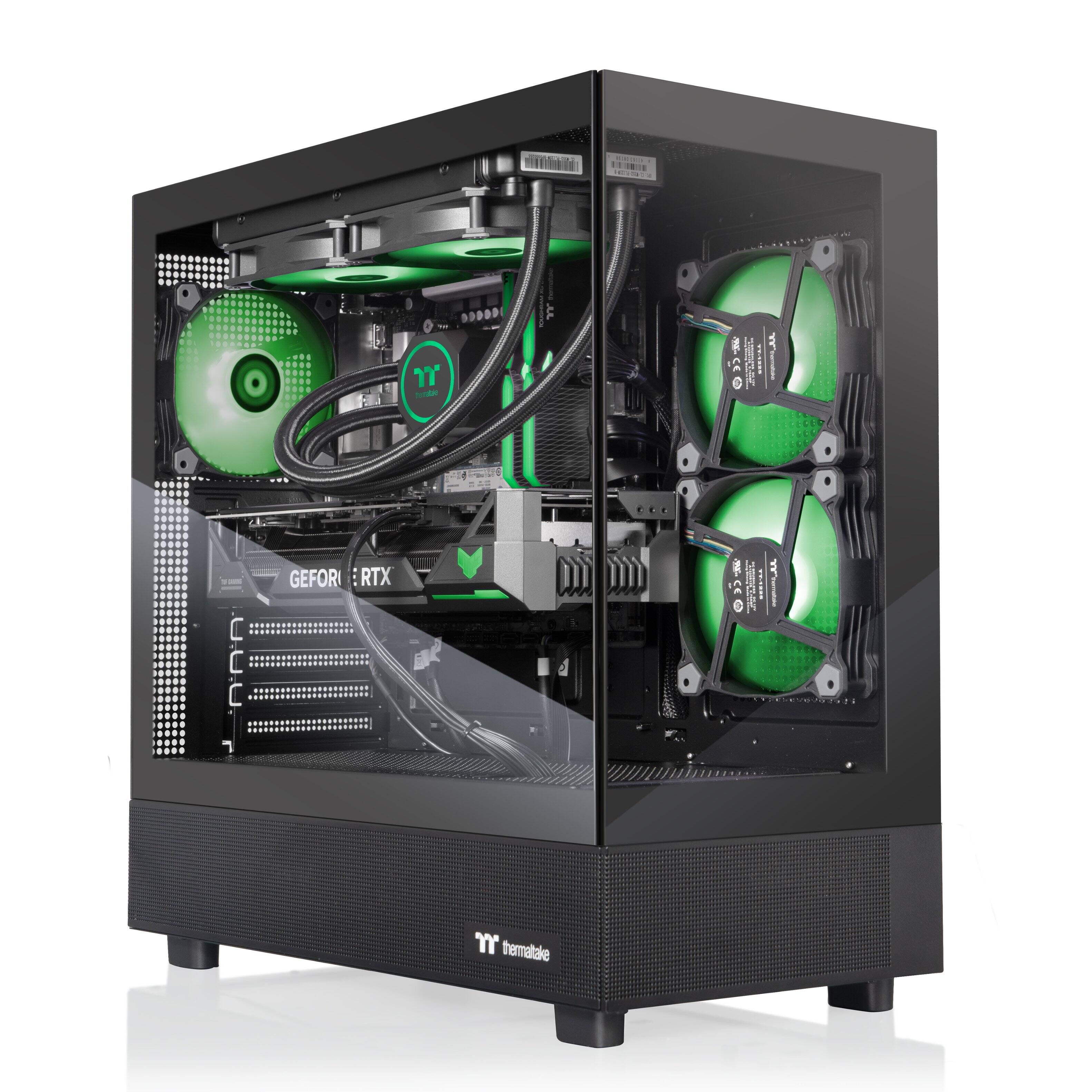 The image features a black computer case with a window on the side, showcasing the internal components. The case is equipped with a GeForce RTX 2080 Ti graphics card and two green fans. The fans are positioned on the left and right sides of the case, providing efficient cooling for the system. The case also has a Thermaltake logo, indicating that it is a product from the Thermaltake brand.