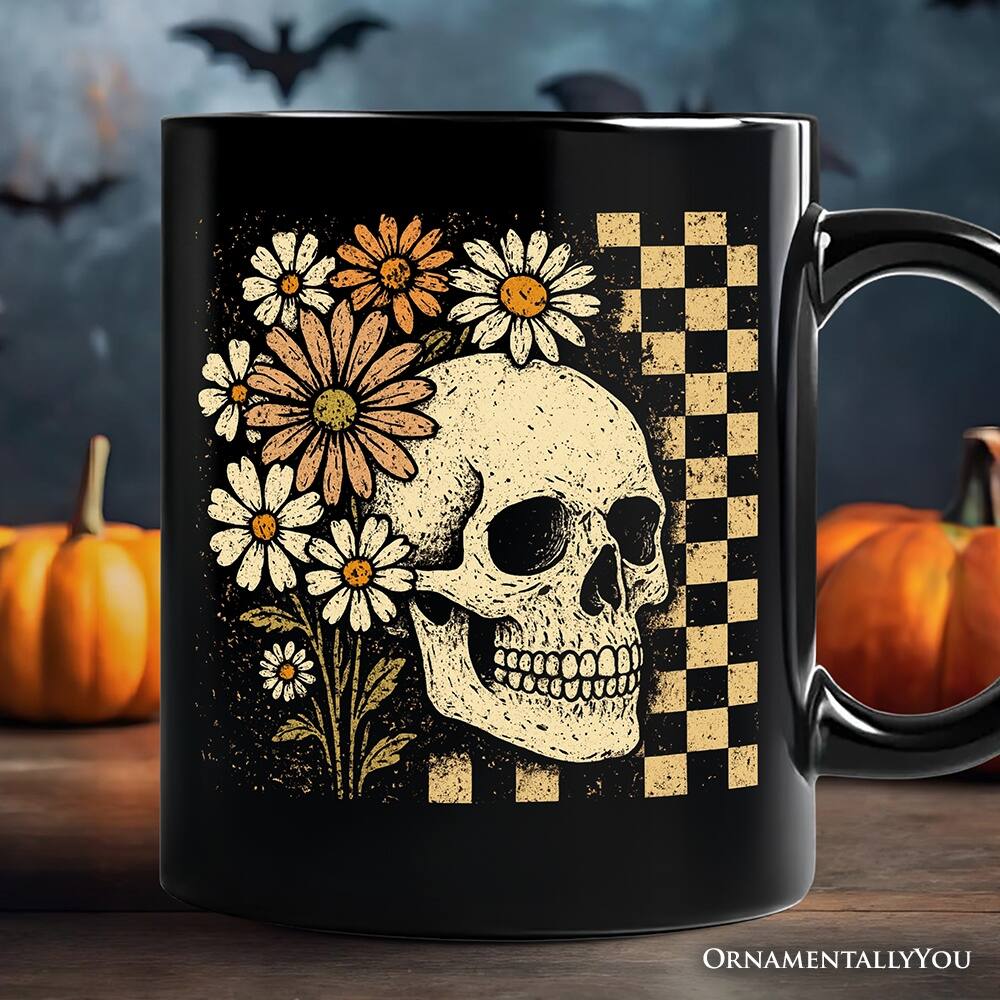 Back. OrnamentallyYou - Checkered Floral Skeleton Mug, Vintage Skull Daisy Halloween Gift - Black.