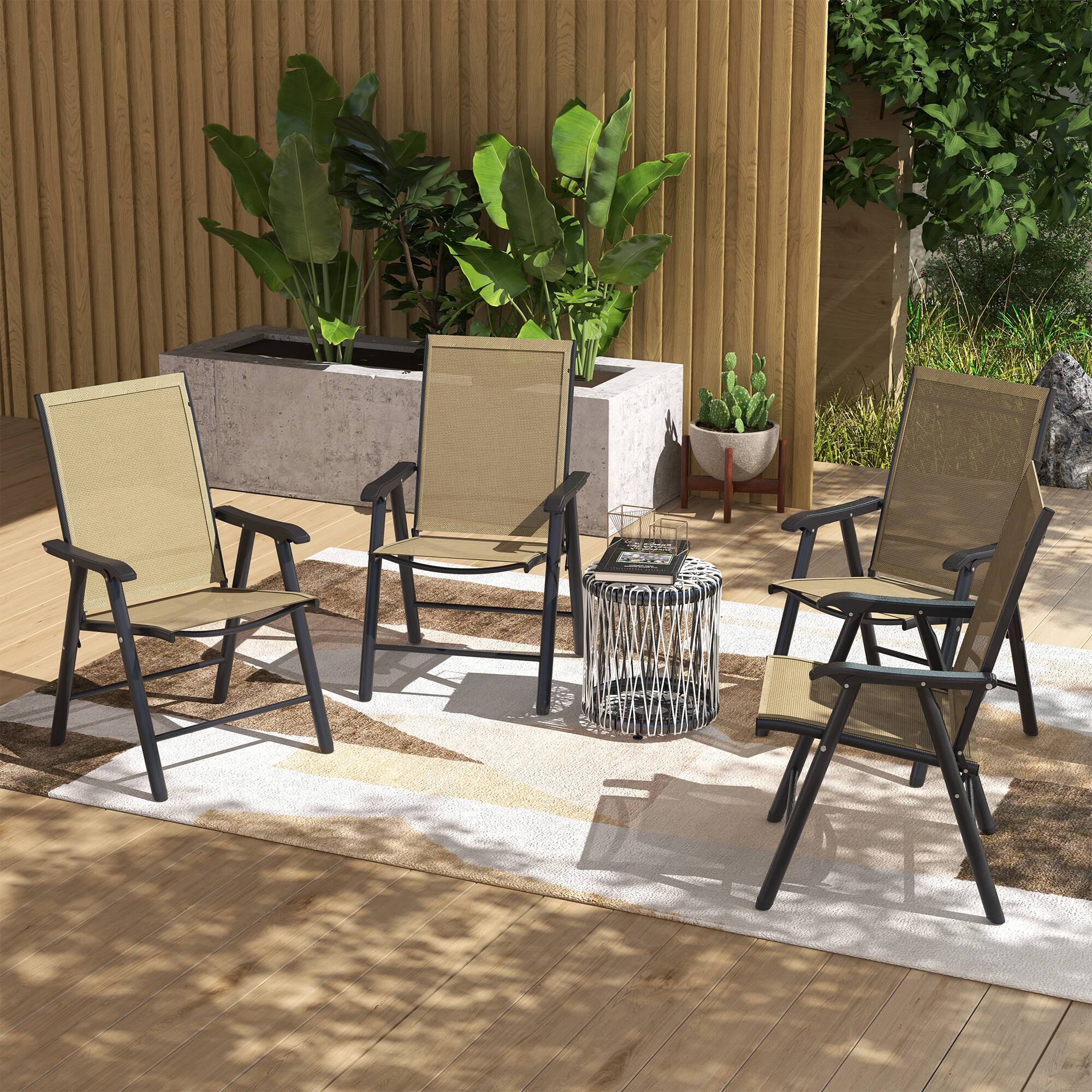 Alt View 1. Outsunny - of 4 Outdoor Folding Chairs, Stackable Patio Dining Chairs with Armrests, Metal Frame - Light Mixed Brown.