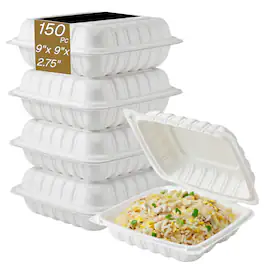 Eco Harmony Products - Clamshell (MFPP) Hinged Container (Corner Lock), 9" x 9", 150-Pack - White