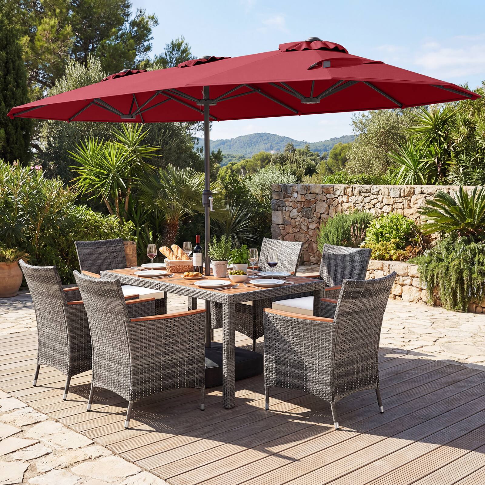 Alt View 3. Gymax - Gymax 8-Piece Patio Dining Set w/ Double-Sided Market Umbrella Acacia Wood Top Wine - Red.
