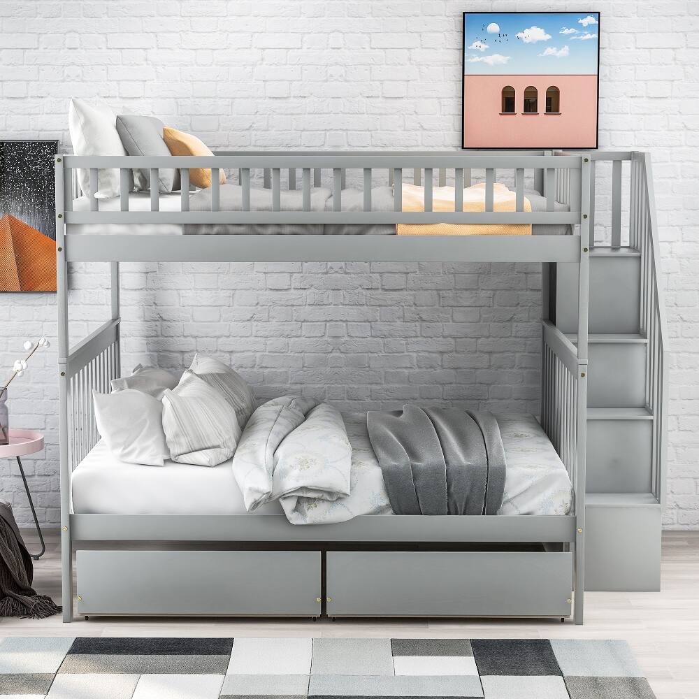 Angle. Loheer - Loheer Full Over Full Bunk Bed with Drawers, Gray Pine Wood Bunk Bed with Storage and Ladder, 250lb Capacity - Gray.