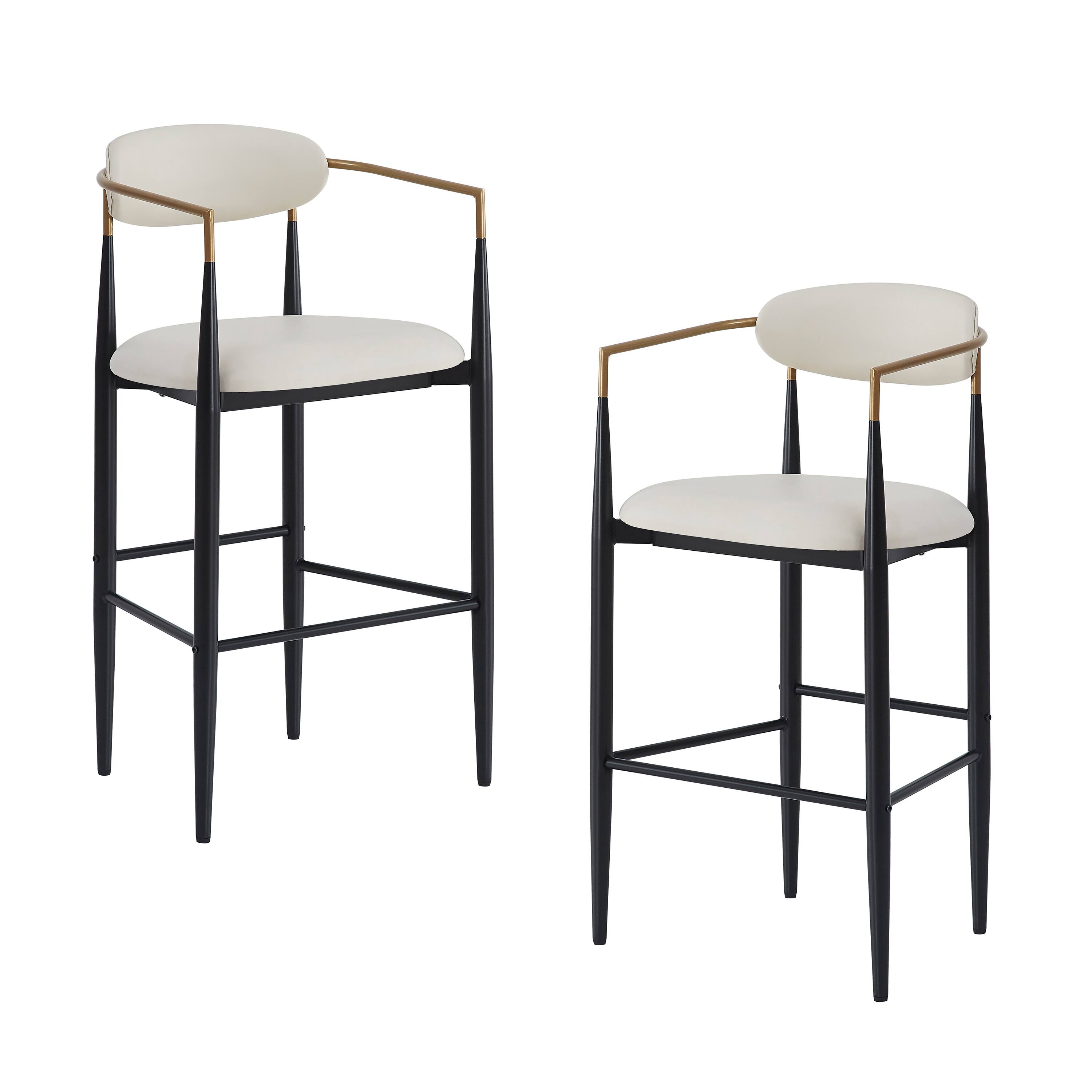 Back. APRILSOUL - Barstools Set of 2 Upholstered Back Kitchen Island Beige Faux PU Leather Black Iron 260LBS - White.