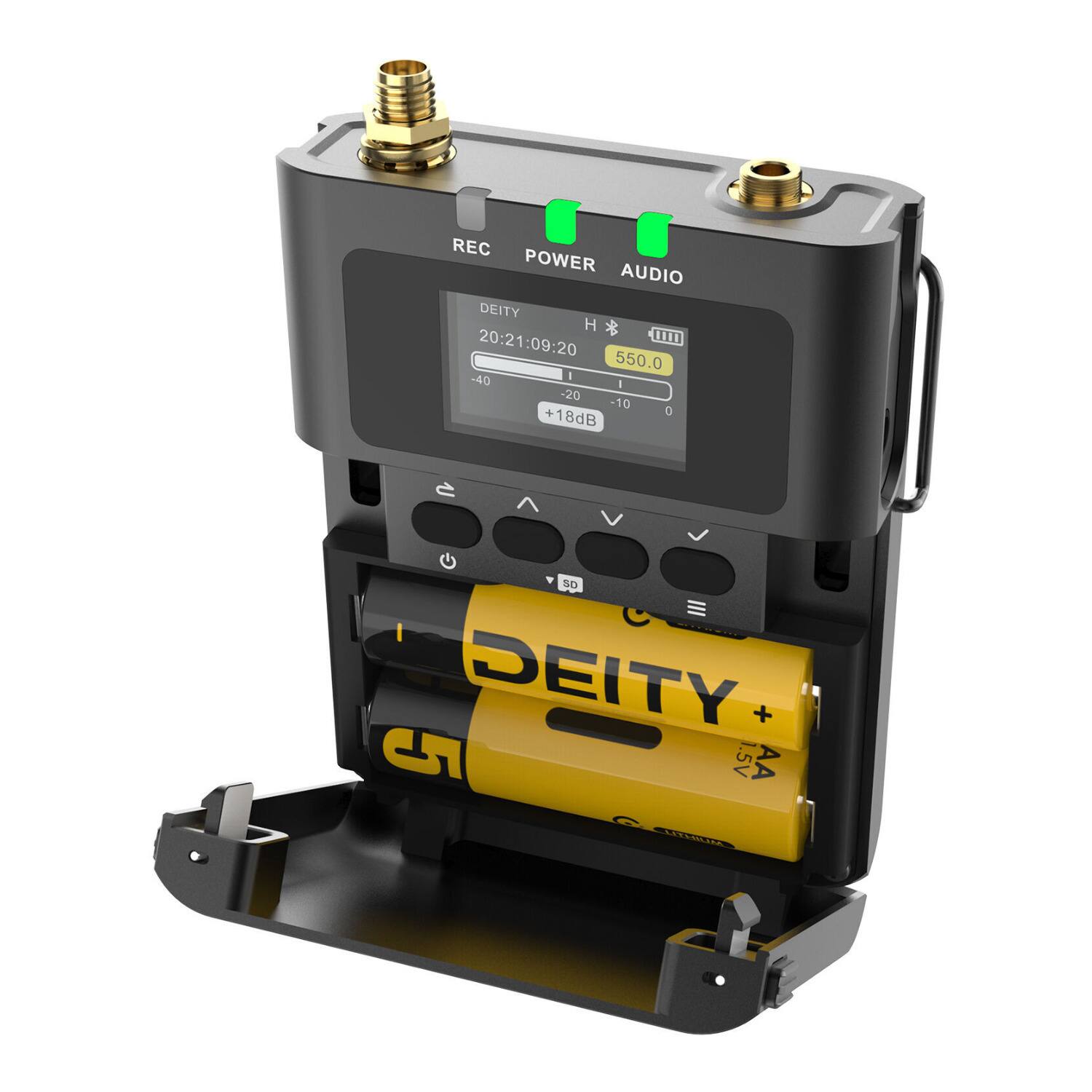 REC POWER AUDIO DEITY  
20:21:09:20  
um 550.0 -40 I I -20 10 + D 18dB  
^ V J G de E I DEITY + 5 .5V AA R