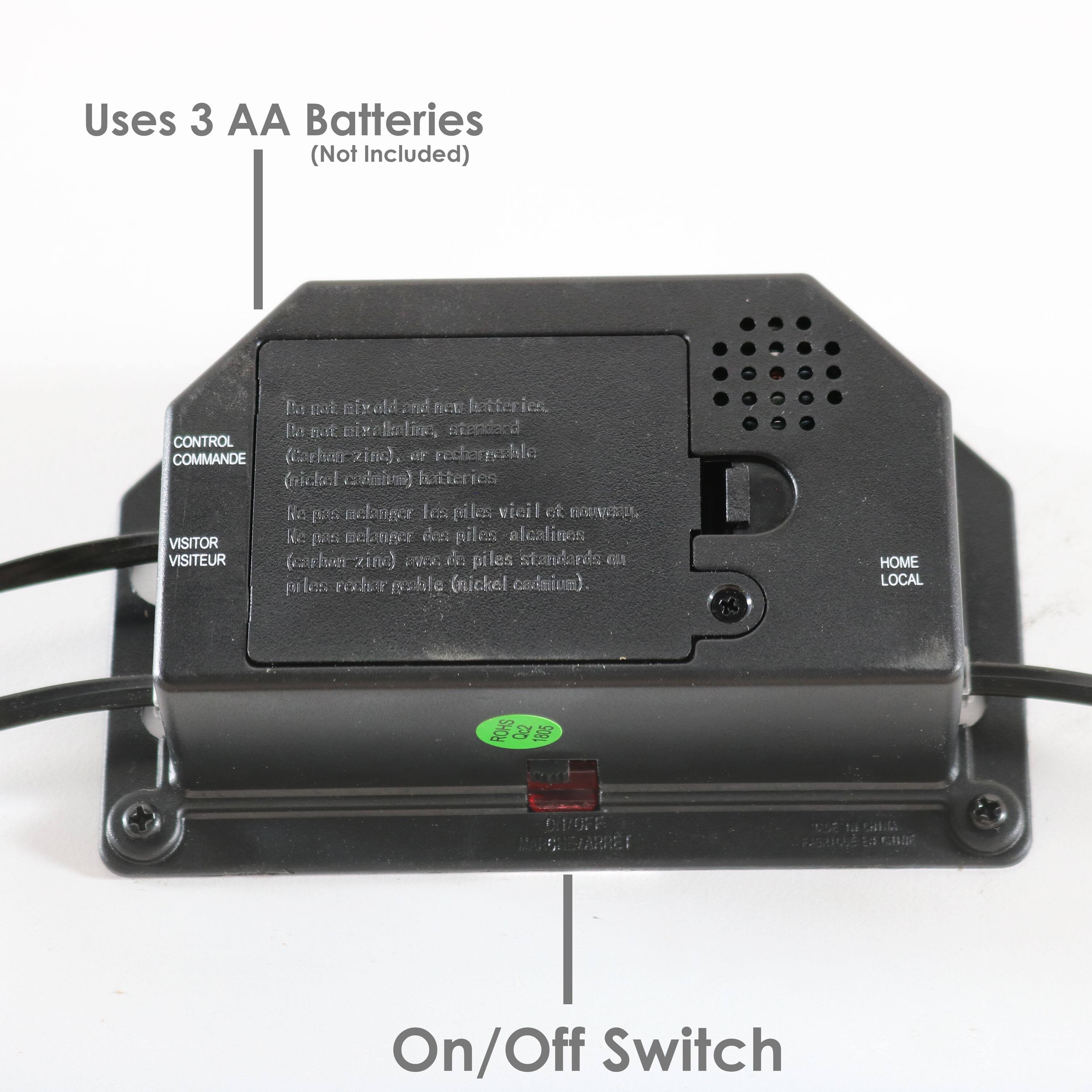Uses 3 AA Batteries (Not Included)

CONTROL COMMANDE
VISITOR VISITEUR
HOME LOCAL

Do not use alkaline or rechargeable batteries.
Do not use zinc-carbon or zinc-air batteries.
(Carbon-zinc or rechargeable) Batteries
(Carbon-zinc or rechargeable) Piles standards (carbone zinc) ou piles rechargeables (nickel cadmium).

Do not use old or weak batteries.
Ne pas utiliser des piles vieilles ou faibles.
Ne pas utiliser des piles standards (carbone zinc) ou piles rechargeables (nickel cadmium).

On/Off Switch