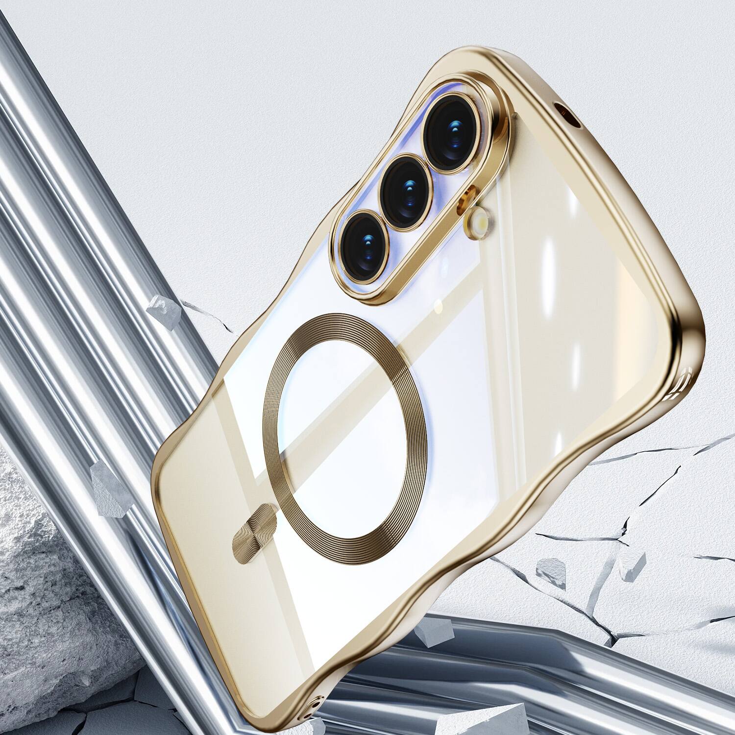 Left. Dteck - Magnetic Case Samsung Galaxy S26+ Built-in Lens Protector Shockproof Plating Curly Wavy Frame Clear Back Cover - Gold.