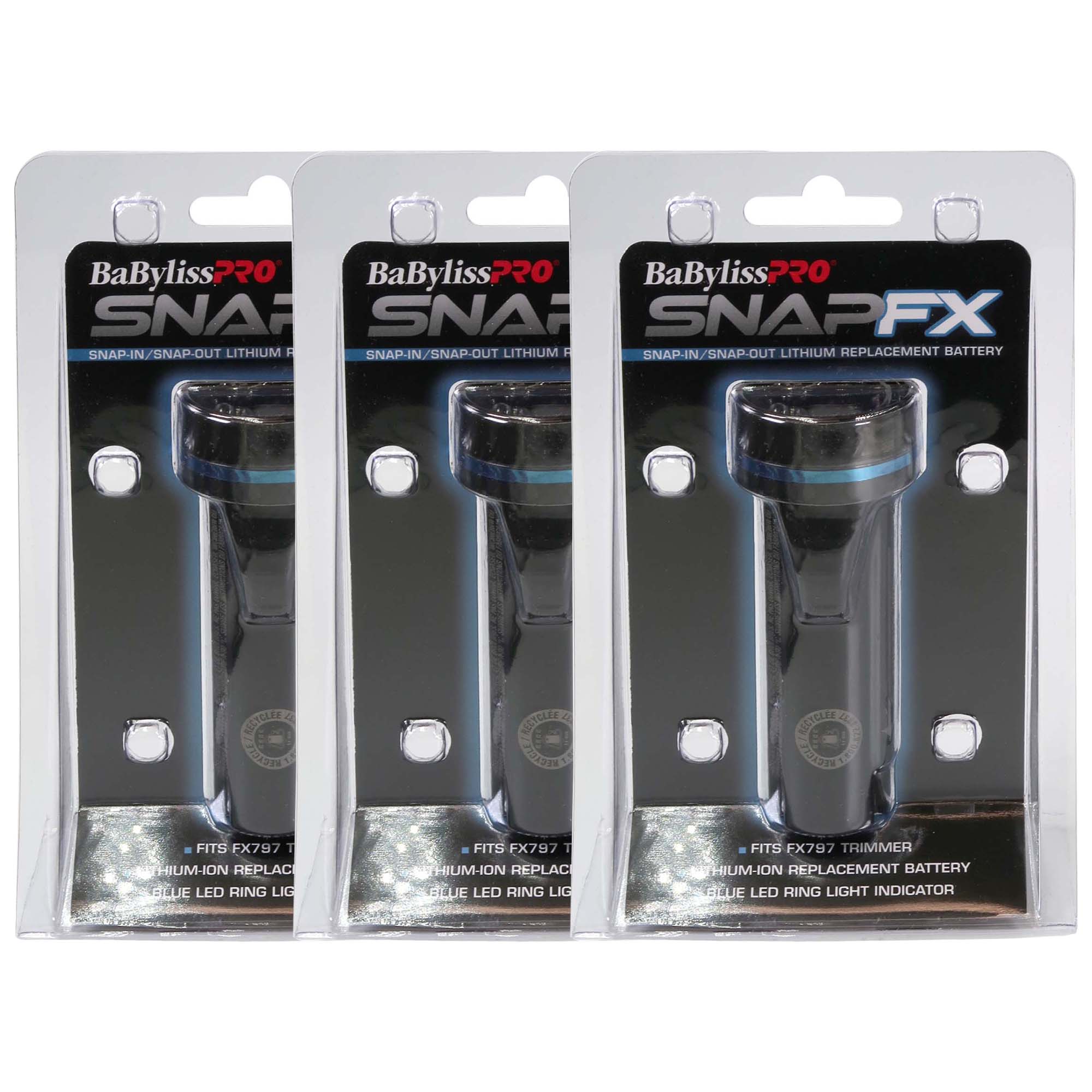 BaByliss Pro SNAPFX  
SNAP-IN/SNAP-OUT LITHIUM REPLACEMENT BATTERY  
FITS FX797 TRIMMER  
LI-ION REPLACEMENT BATTERY  
BLUE LED RING LIGHT INDICATOR