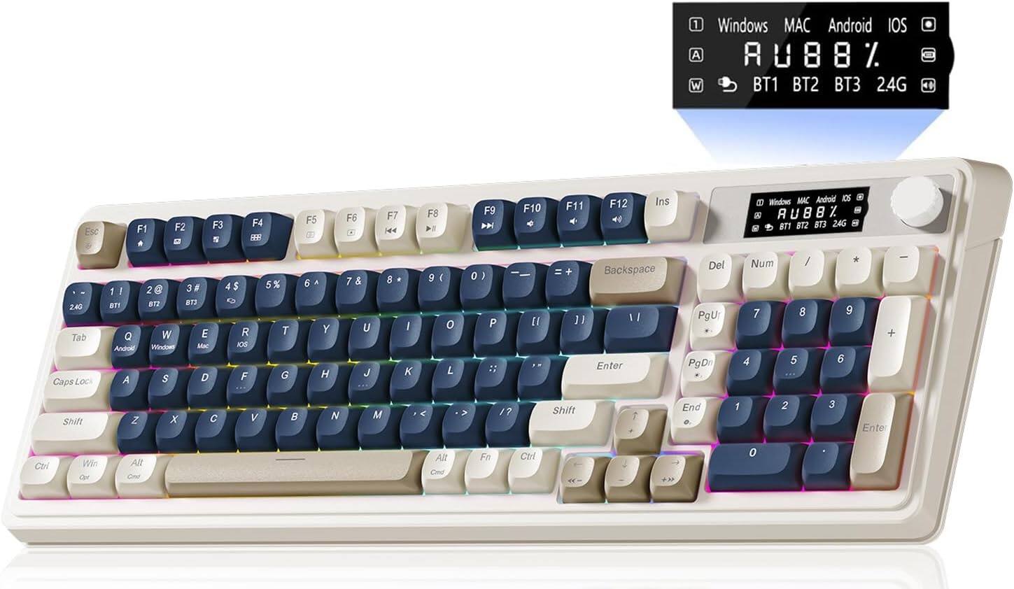 AULA - S99 Pro, 99-Key, Wireless, Membrane, Gaming Keyboard, RGB, 5-Layer Padding, 2000 mAh Battery, Knob, Digital Screen - Blue White