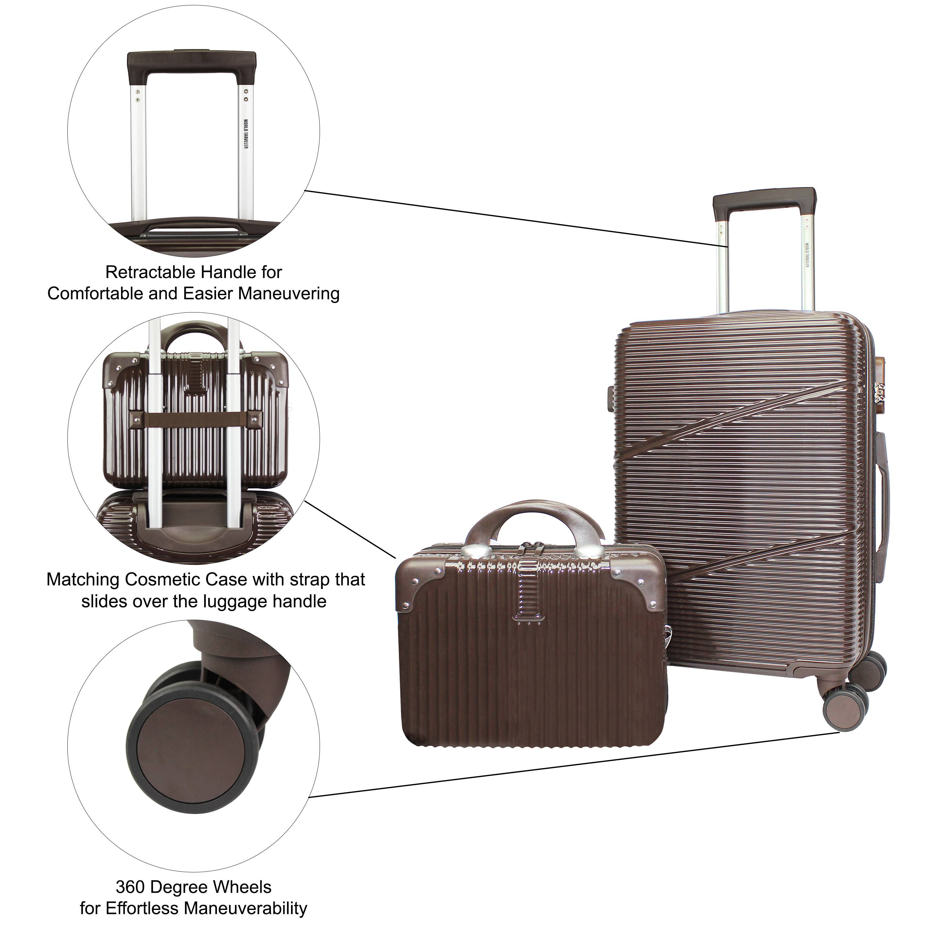 - Retractable Handle for Comfortable and Easier Maneuvering
- Matching Cosmetic Case with strap that slides over the luggage handle
- 360 Degree Wheels for Effortless Maneuverability