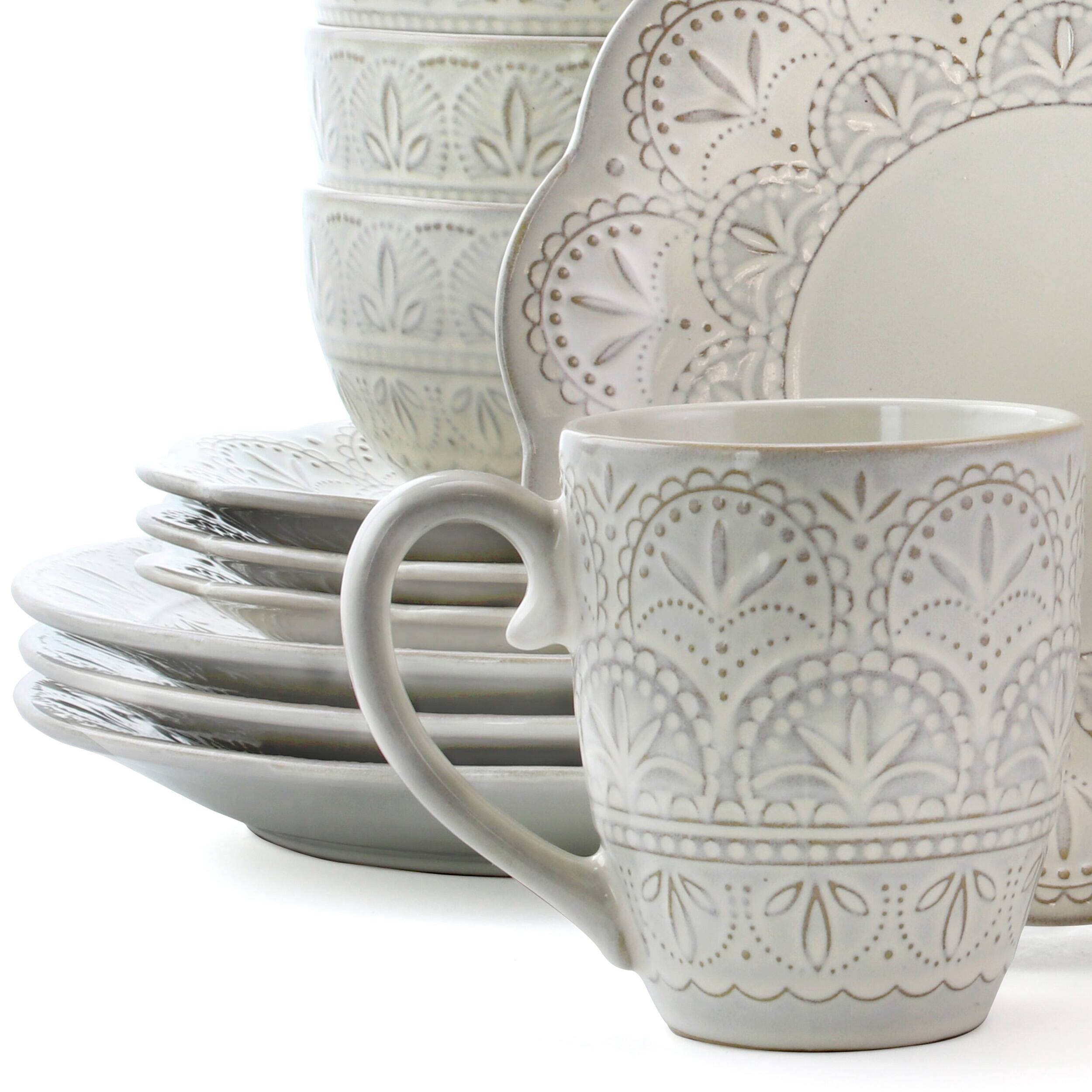 Alt View 3. Elama - Elama White Lace 16 Piece Luxurious Stoneware Dinnerware with Complete Setting for 4 - White.