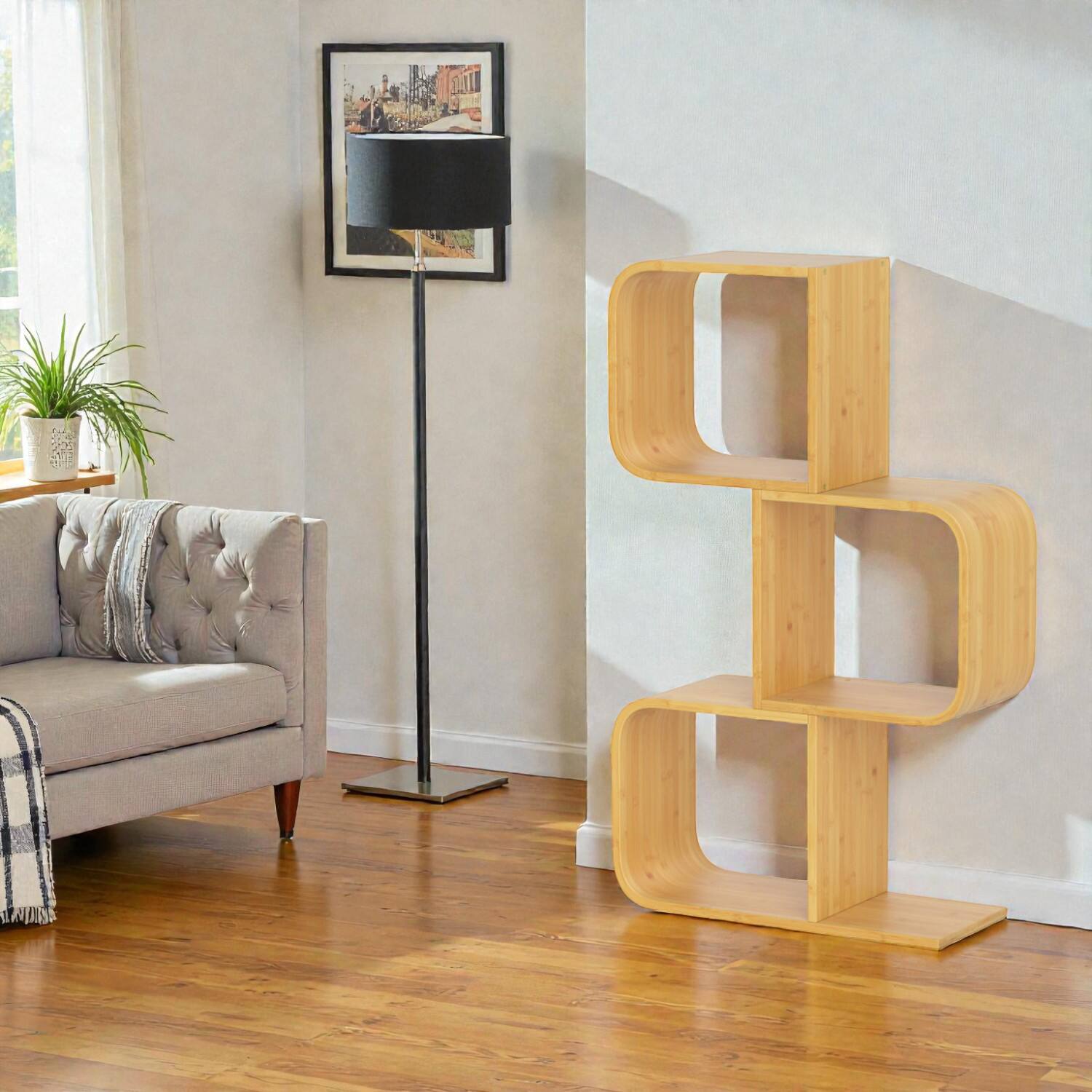 Hivvago - Contemporary 3-Tier Storage Bookcase with Unique S-Pattern Design - Natural