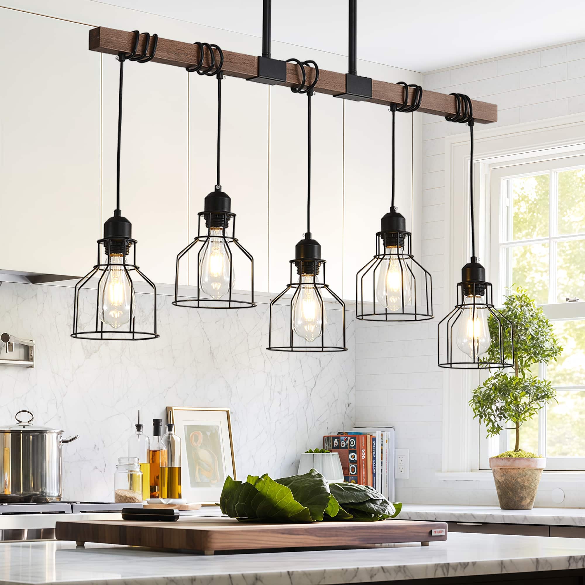 RYHNUYNE - 5-Light Dining Room Light Fixture Over Table, 37" Rustic Farmhouse Kitchen Island Lighting, Modern Linear Chandelier wit - Black