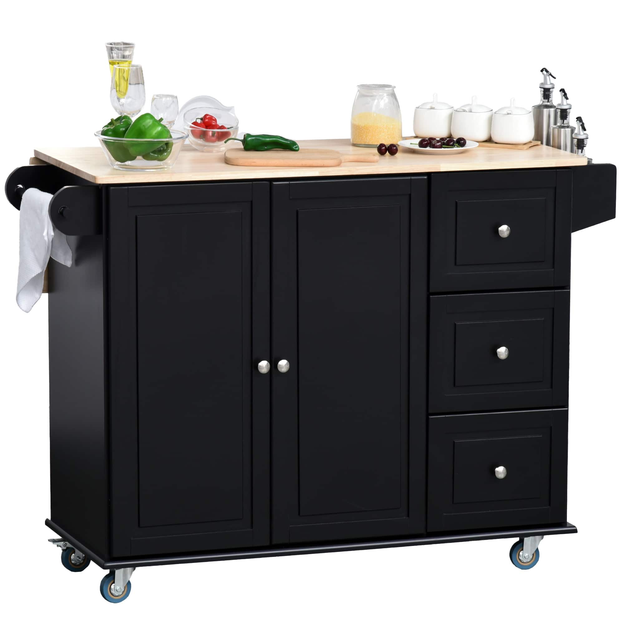 Homcom - Trolley Cart on Wheels, Mobile Kitchen Island with Drop Leaf, Towel/Spice Rack, 3 Drawers - Black