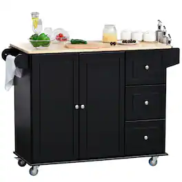 Homcom - Trolley Cart on Wheels, Mobile Kitchen Island with Drop Leaf, Towel/Spice Rack, 3 Drawers - Black