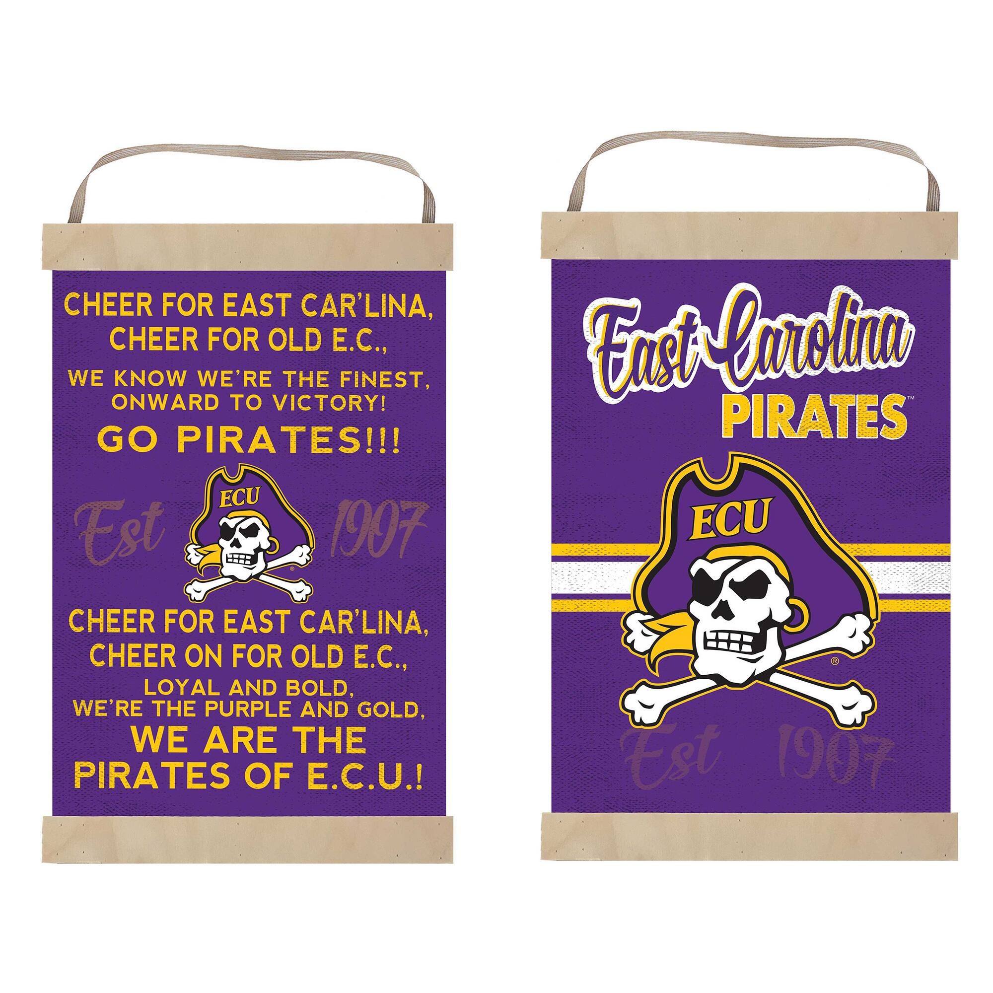 **Left Bag:**

CHEER FOR EAST CAR'LINE,  
CHEER FOR OLD E.C.,  
WE KNOW WE'RE THE FINEST,  
ONWARD TO VICTORY!  
GO PIRATES!!!  

ECU  
Est 1907  

CHEER FOR EAST CAR'LINE,  
CHEER ON FOR OLD E.C.,  
LOYAL AND BOLD,  
WE'RE THE PURPLE AND GOLD,  
WE ARE THE PIRATES OF E.C.U.!  

**Right Bag:**

East Carolina  
PIRATES  

ECU  
Est 1907