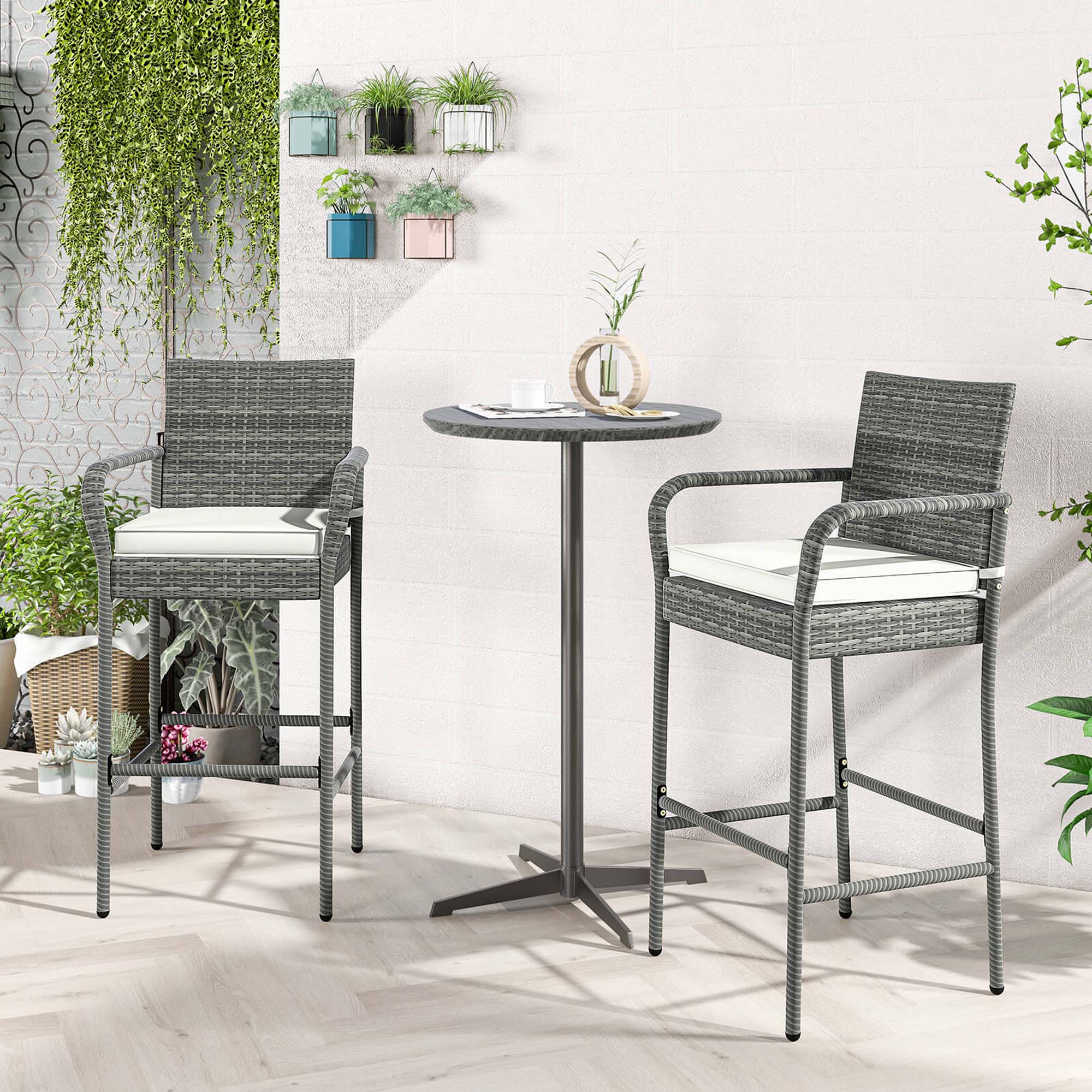 Alt View 3. Costway - Costway 4PCS Patio PE Wicker Bar Chairs Counter Height Barstools With Armrests &Cushions - Gray,Off White.