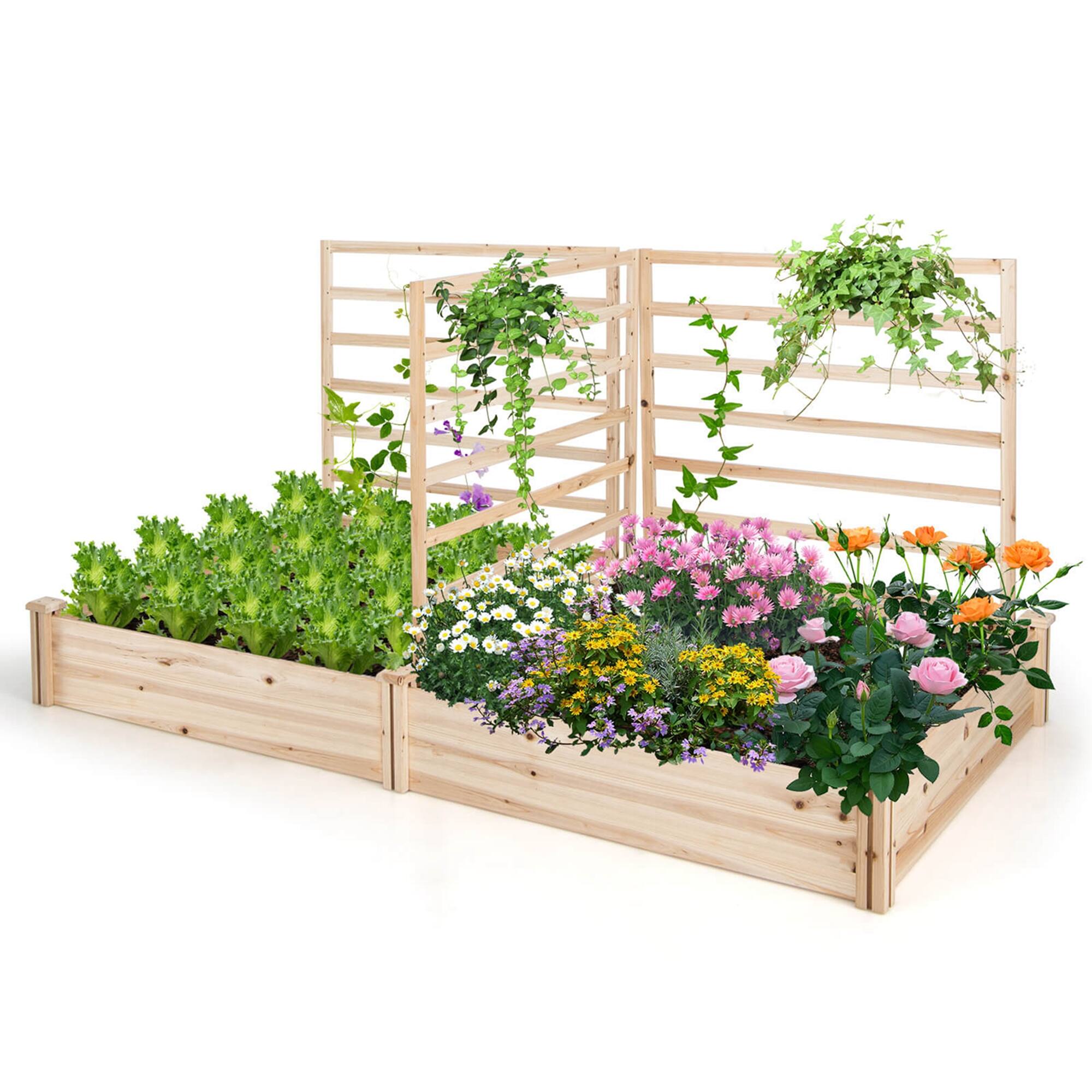 Alt View 1. Costway - Raised Garden Bed with 3 Trellises with Divided Compartments for Flowers - Natural.