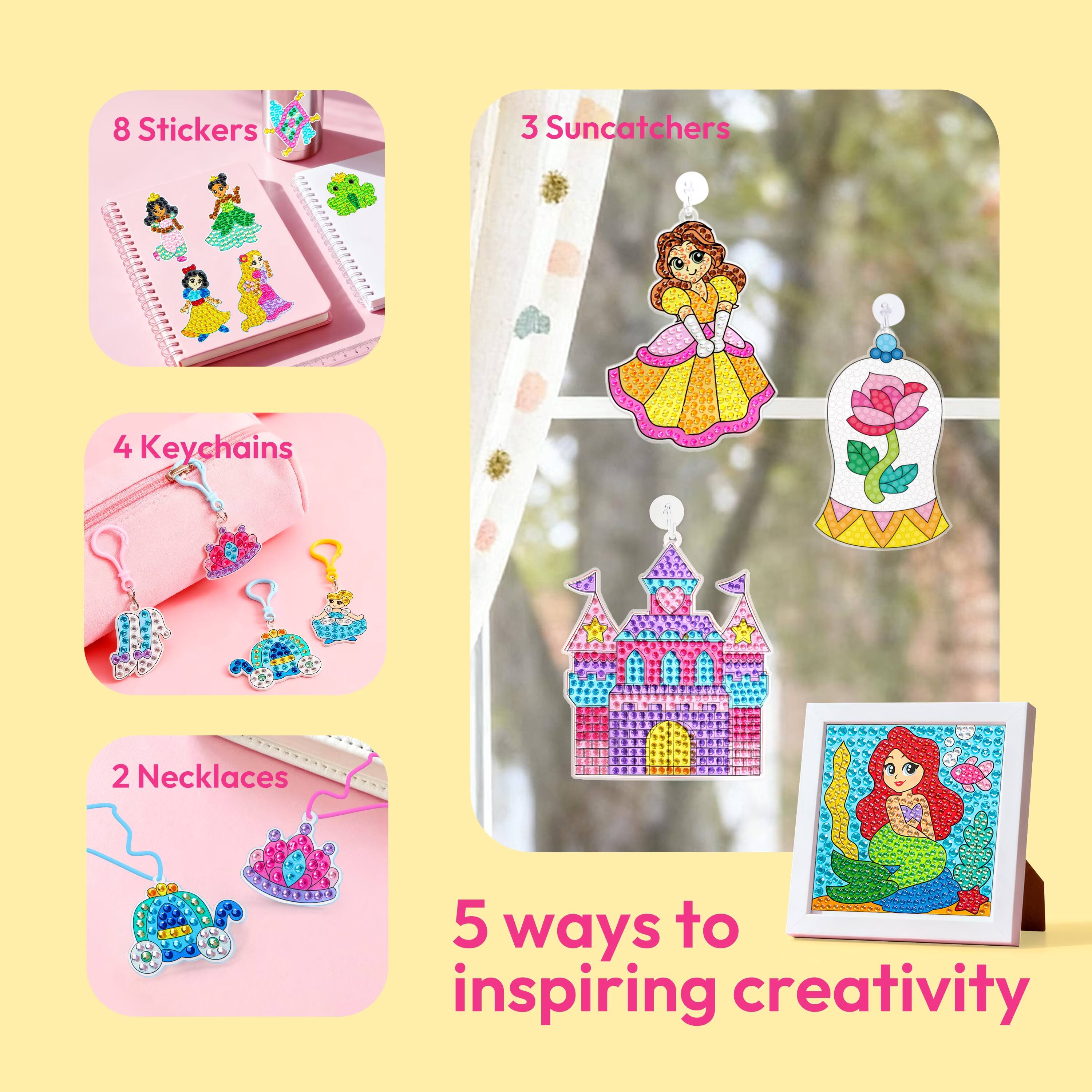 8 Stickers  
3 Suncatchers  
4 Keychains  
2 Necklaces  
5 ways to inspiring creativity