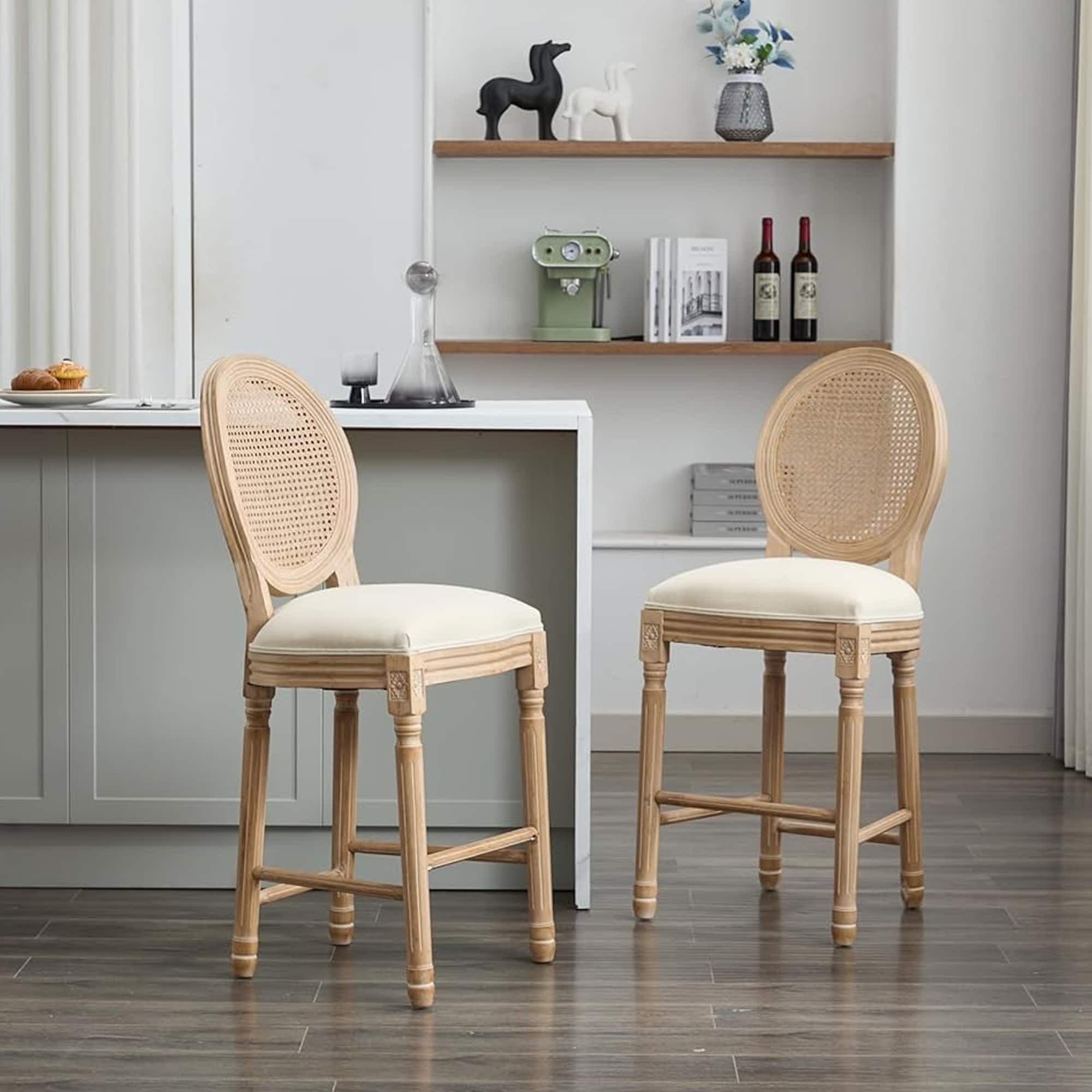 HTUTWOO - Solid Wood Bar stools Set of 2, French Country Counter Height Chairs, with Rattan Back for Kitchen Island, Dining Room - Beige 