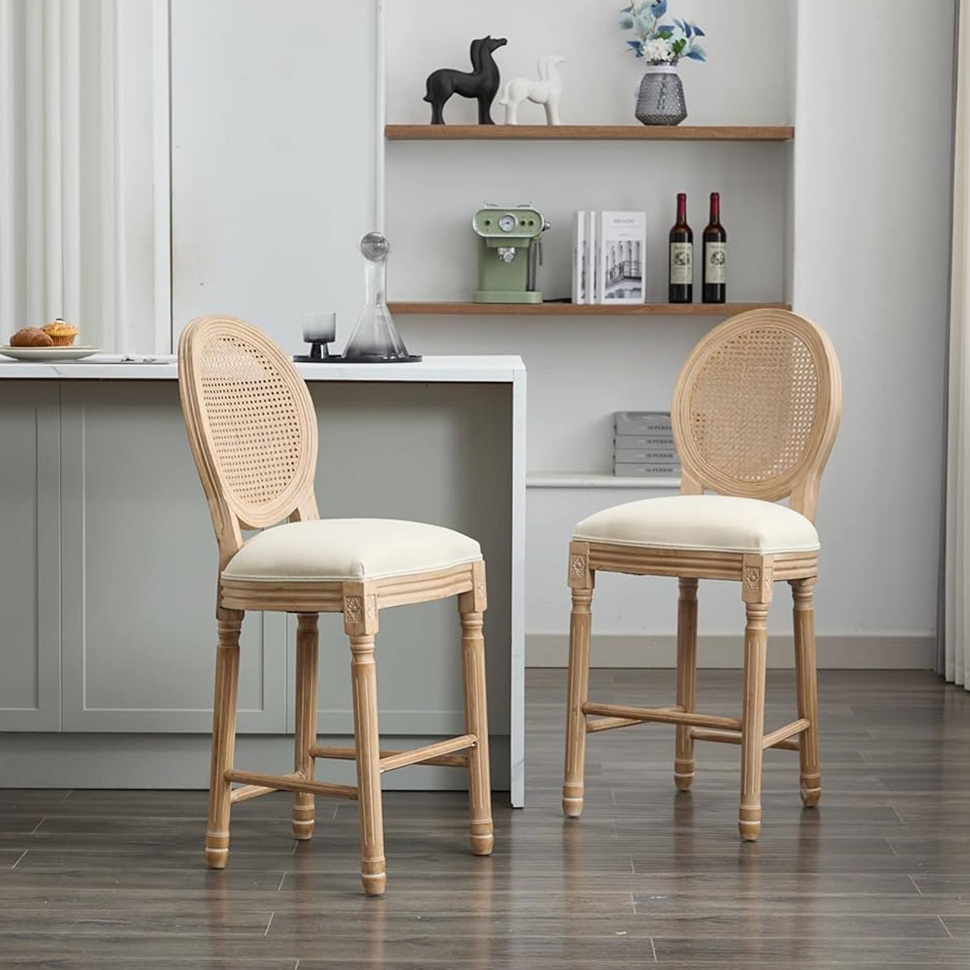 Front. HTUTWOO - Solid Wood Bar stools Set of 2, French Country Counter Height Chairs, with Rattan Back for Kitchen Island, Dining Room - Beige .