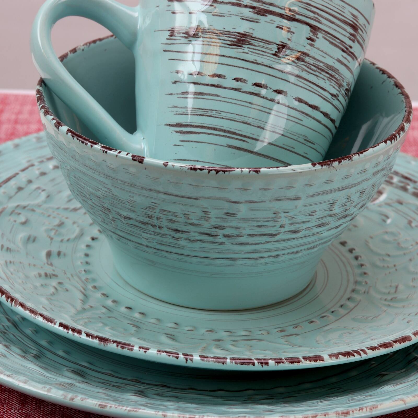 Alt View 2. Elama - Elama Malibu Waves 16-Piece Dinnerware Set in Turquoise - Turquoise.