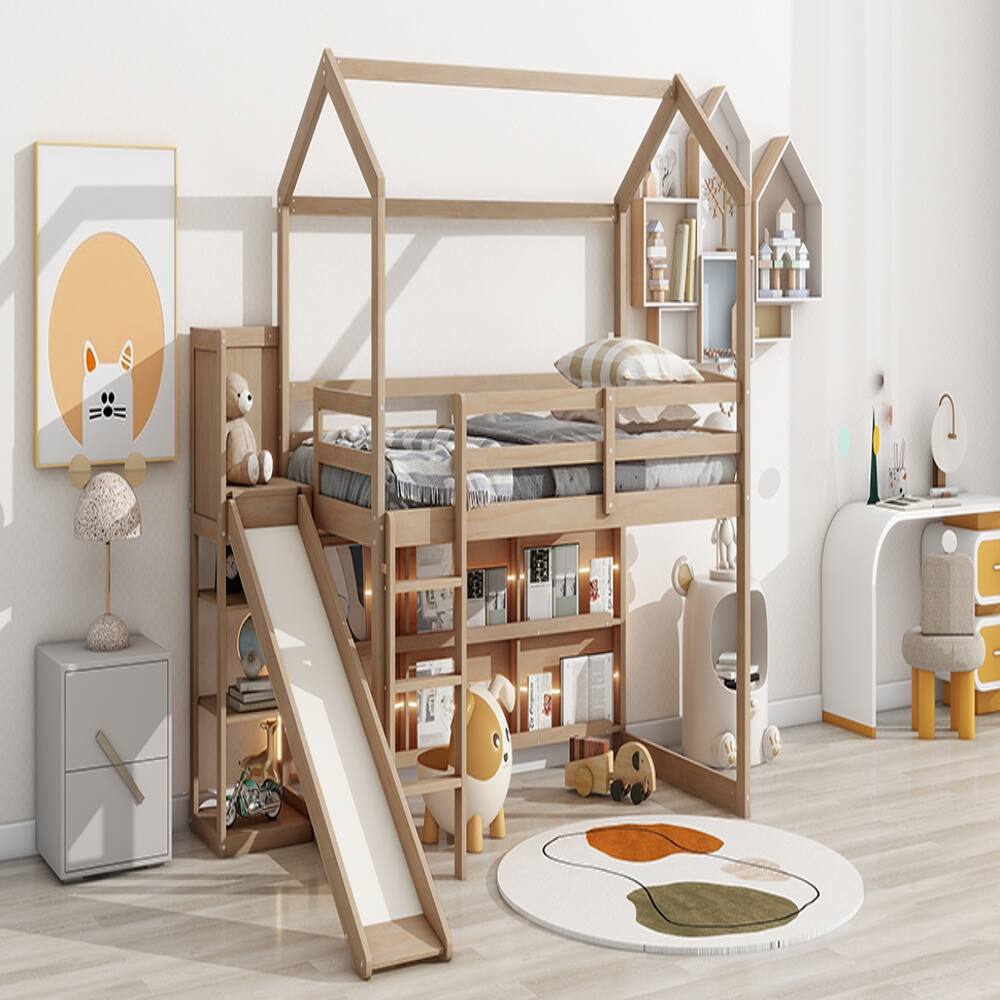 Back. Loheer - Loheer Twin Loft Bed with Slide and Storage, Wood House Bed Frame - Wood Color.