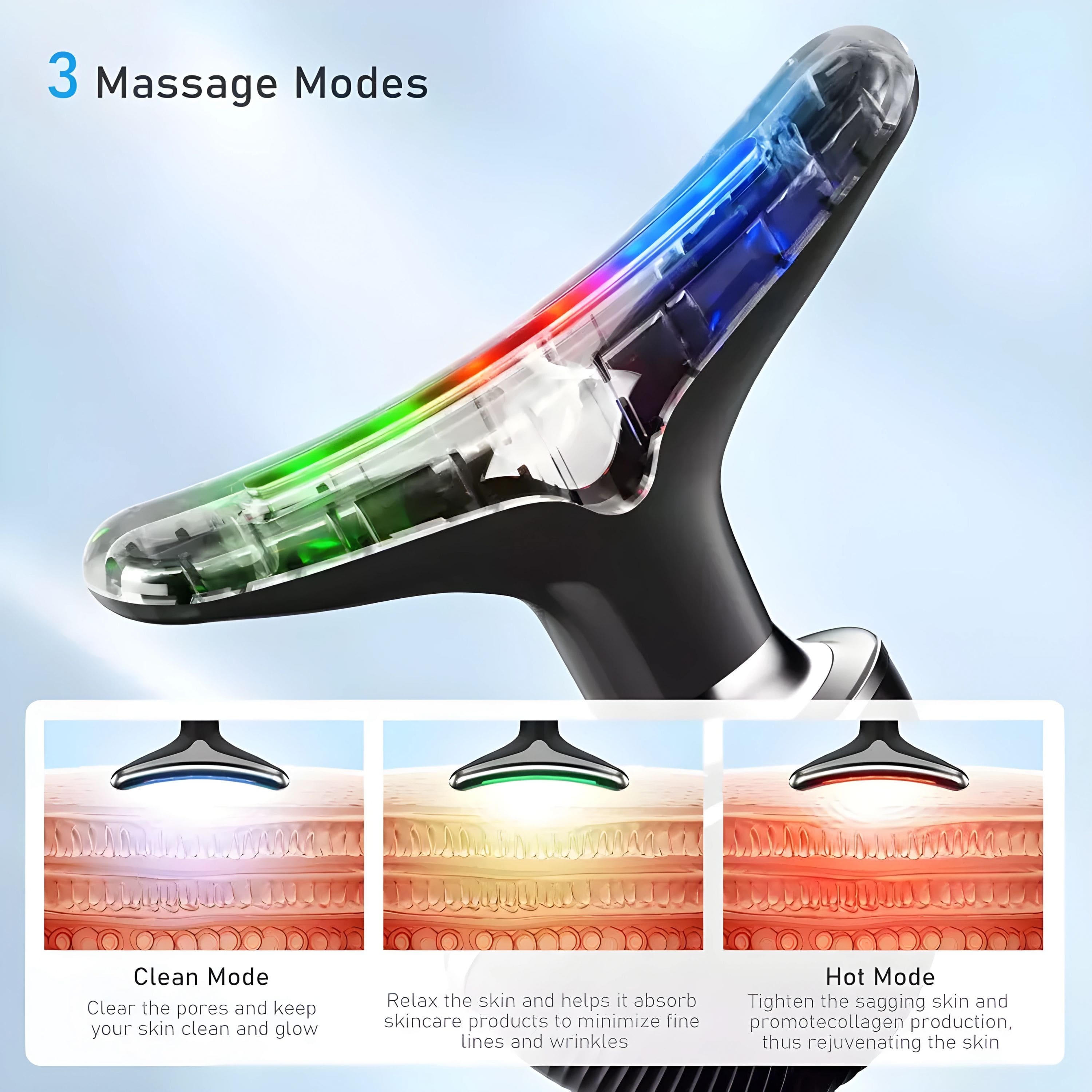 3 Massage Modes
Clean Mode
Clear the pores and keep your skin clean and glow
Relax Mode
Relax the skin and helps it absorb skincare products to minimize fine lines and wrinkles
Hot Mode
Tighten the sagging skin and promote collagen production, thus rejuvenating the skin