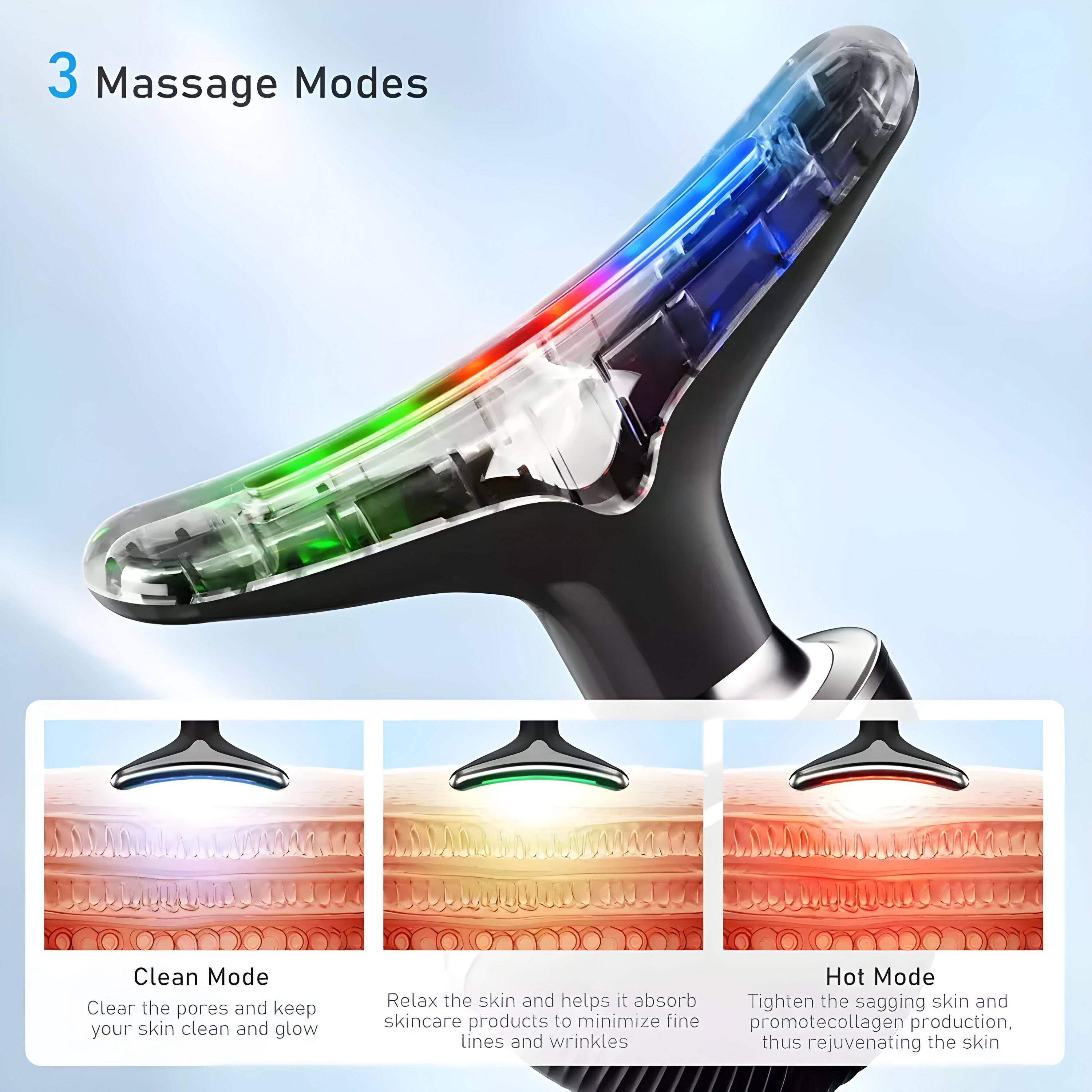 3 Massage Modes

Clean Mode  
Clear the pores and keep your skin clean and glow

Relax Mode  
Relax the skin and helps it absorb skincare products to minimize fine lines and wrinkles

Hot Mode  
Tighten the sagging skin and promote collagen production, thus rejuvenating the skin