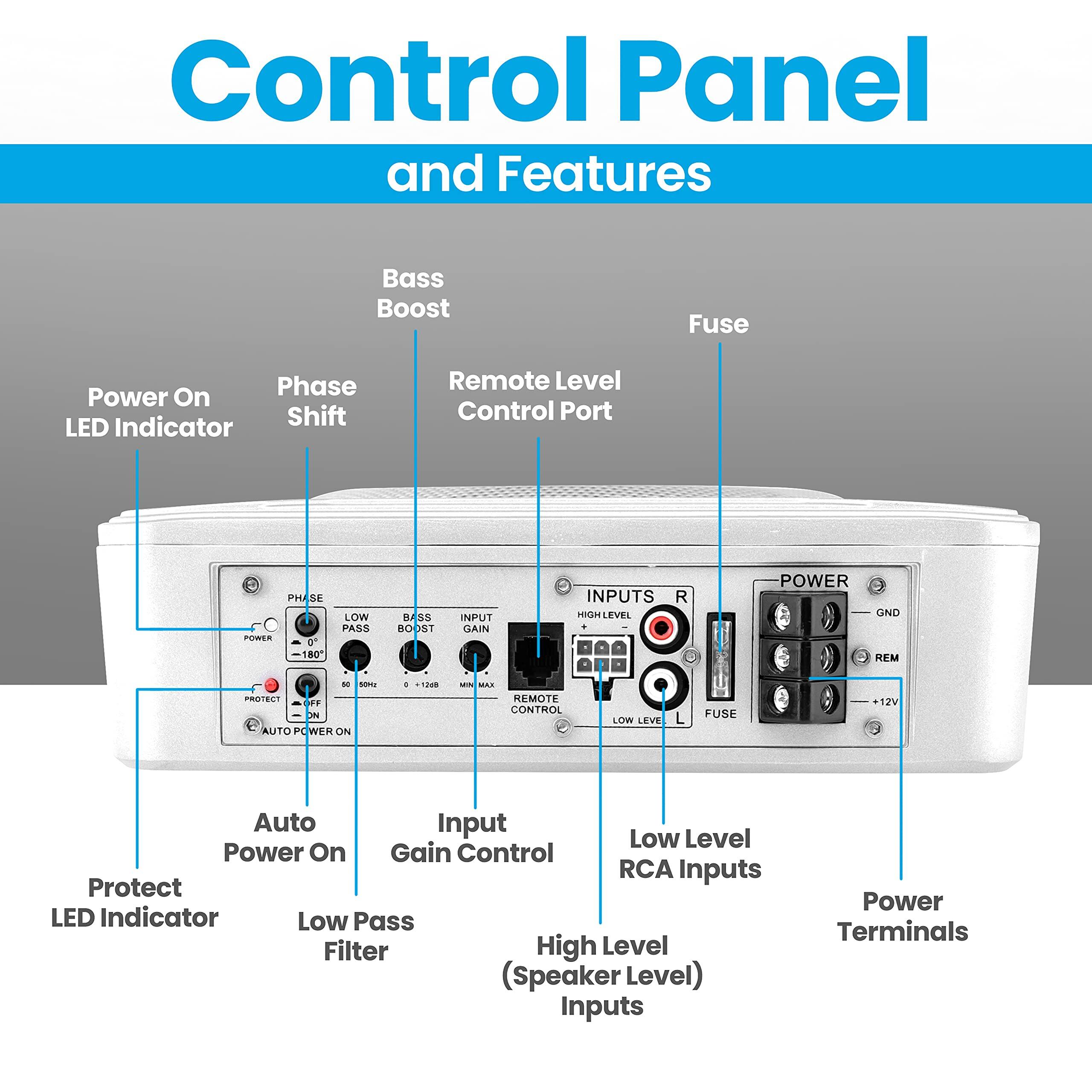 Control Panel and Features

- Power On LED Indicator
- Phase Shift
- Bass Boost
- Remote Level Control Port
- Fuse
- Auto Power On
- Protect LED Indicator
- Input Gain Control
- Low Pass Filter
- Low Level RCA Inputs
- High Level (Speaker Level) Inputs
- Power Terminals
- Inputs (R)
- Power (GND, REM, +12V)