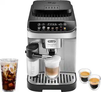 The image shows a coffee maker with a glass of iced coffee next to it. The coffee maker is made by Longhi and has a Magnifica EVO 2.0 model. The coffee maker is black and silver in color. There are also two cups of coffee and a glass of iced coffee on the counter.