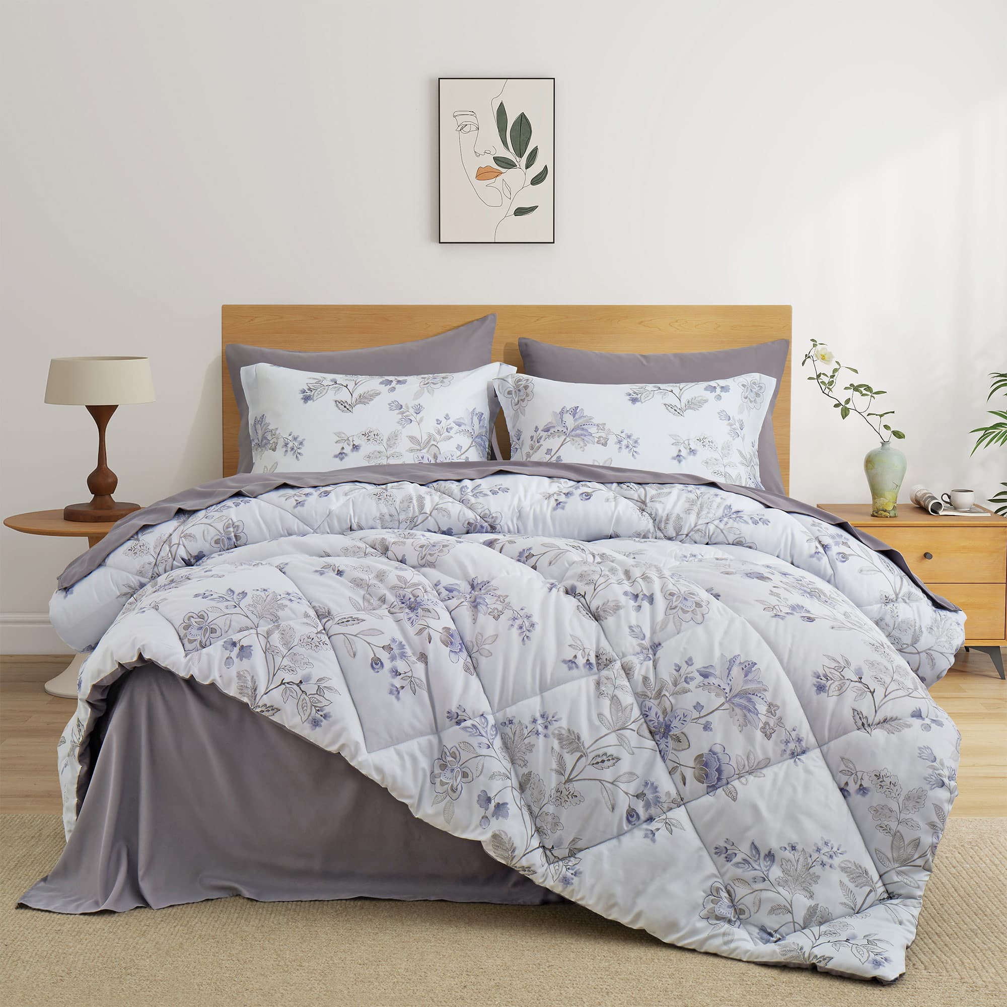 Peace Nest - 7pc Floral Printed Reversible Comforter & Sheets Set - White