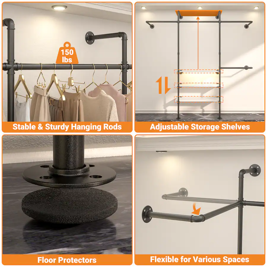 Coming Rod Racks Aheaplus 87'' Wide Wall Mounted Industrial Pipe Clothing Rack with 3 ...