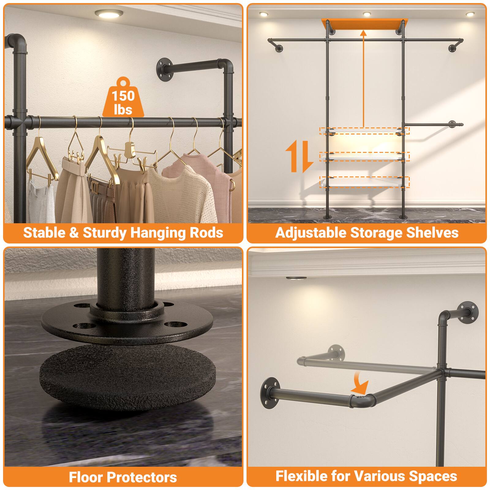 150 lbs 1L Stable & Sturdy Hanging Rods Adjustable Storage Shelves Floor Protectors Flexible for Various Spaces