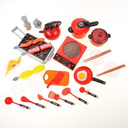 JuzToys - Pretend Play Kitchen Set for Kids – Pretend Food Toys, Cooking Utensils, Kitchen Accessories, with Sound – - Red