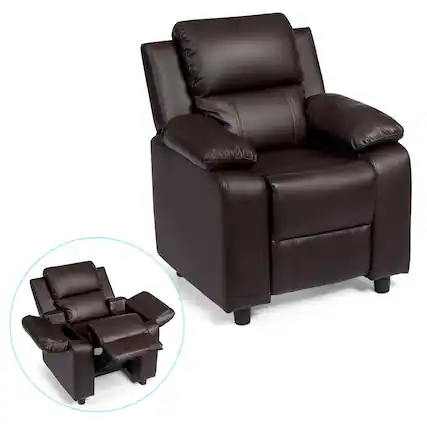 Front. Gymax - Gymax Deluxe Padded Kids Sofa Armchair Recliner Headrest Children w/ Storage Arm Brown - Brown.