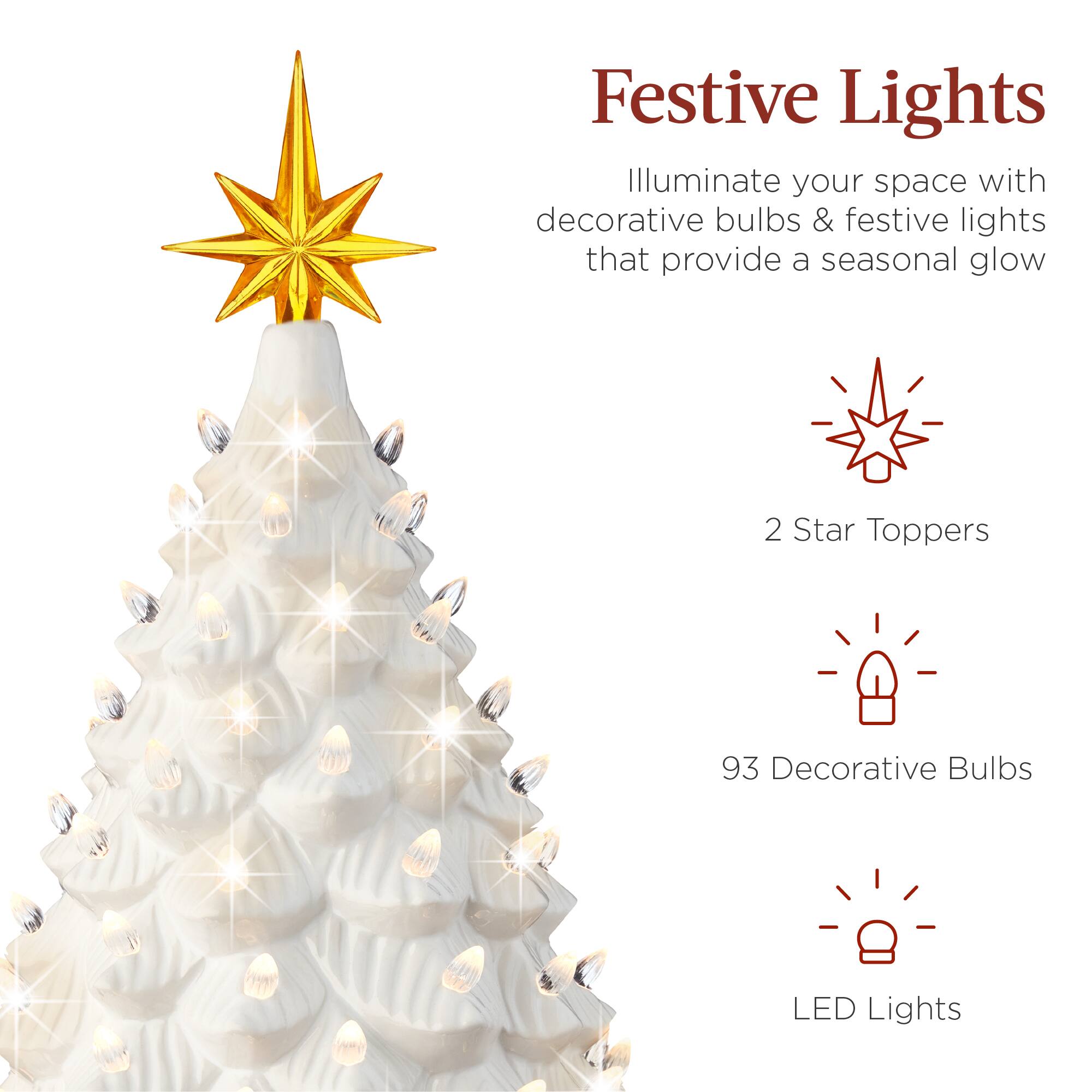 Festive Lights

Illuminate your space with decorative bulbs & festive lights that provide a seasonal glow

- 2 Star Toppers
- 93 Decorative Bulbs
- LED Lights