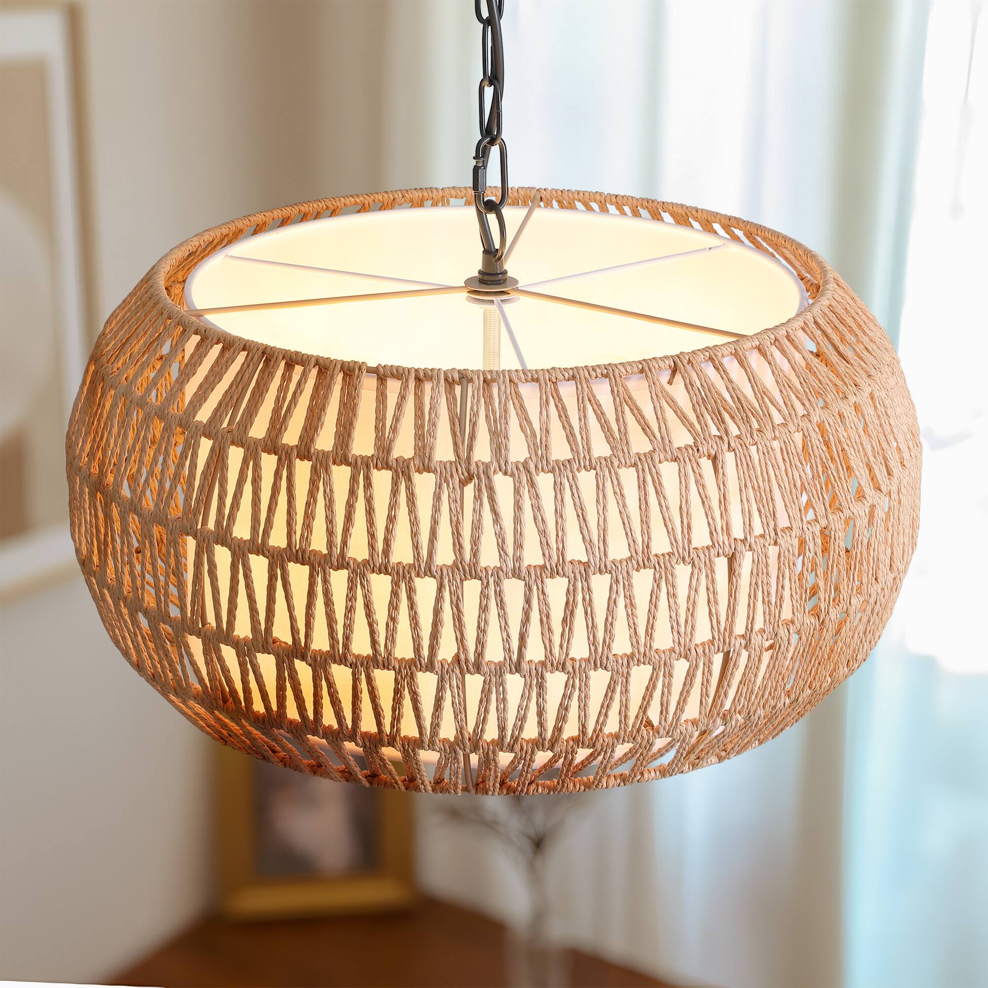 Alt View 5. Siljoy - 19 in. 5-Light Black Bohemian Chandelier Hand Woven Rattan Boho Pendant Light Fixture for Dining Room Bedroom Entryway - Black.