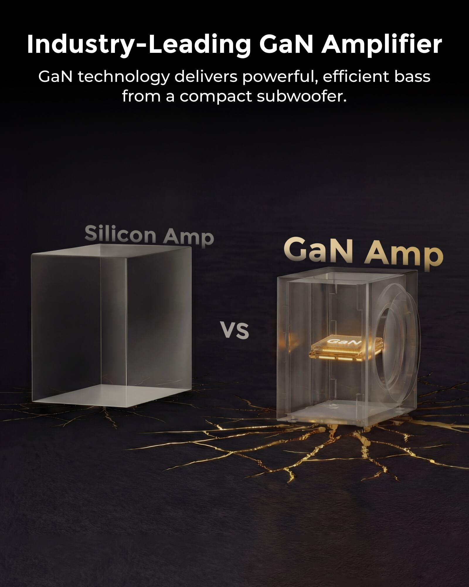 Industry-Leading GaN Amplifier

GaN technology delivers powerful, efficient bass from a compact subwoofer.

Silicon Amp vs GaN Amp