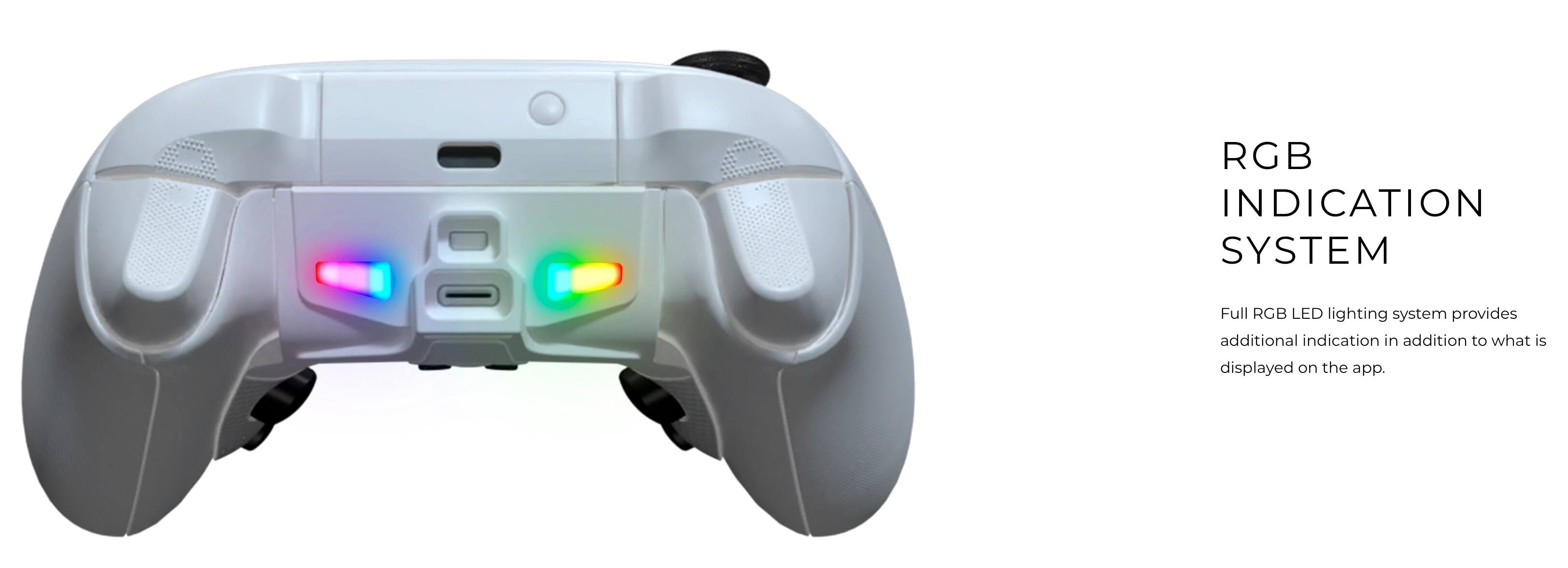 The text on the image reads: "RGB INDICATION SYSTEM Full RGB LED lighting system provides additional indication in addition to what is displayed on the app."