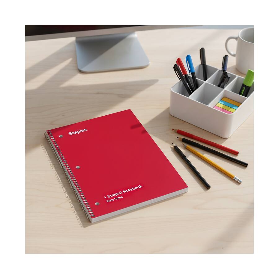 Staples Binding Staples 1‑Subject Notebook, 8” x 10.5”, Wide Ruled, 70 Sheets Red ...
