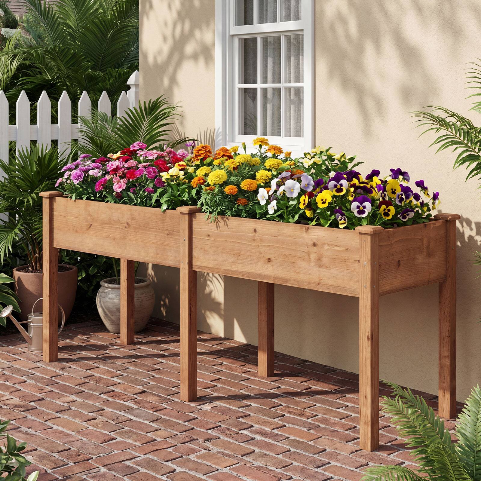 Alt View 3. Costway - Outdoor Raised Garden Bed with Legs 73x23x30in Wood Planter Box with Divider Panel - Brown.