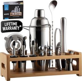 Zulay Kitchen - 24-Piece Bartender Kit, Stainless Steel Cocktail Shaker Set with Display Stand & Bar Tools - Silver